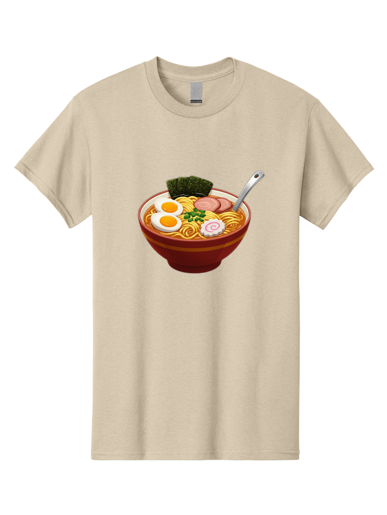 Bowl-Of-Ramen-1 Men'S Graphic Tee, 100% Cotton, Comfortable Casual Summer Wear, Machine Washable, Ramen Noodles, Japanese Cuisine, Savory Broth, Boiled Egg, Green Onions, Seaweed, Sliced Pork, Fish Cake, Silver Spoon Baa197