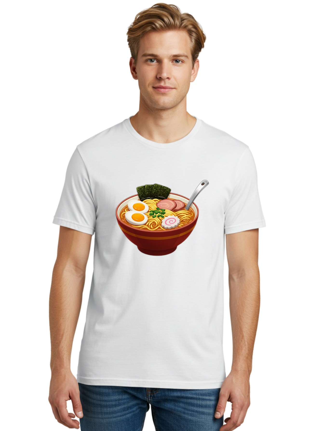 Bowl-Of-Ramen-1 Men'S Graphic Tee, 100% Cotton, Comfortable Casual Summer Wear, Machine Washable, Ramen Noodles, Japanese Cuisine, Savory Broth, Boiled Egg, Green Onions, Seaweed, Sliced Pork, Fish Cake, Silver Spoon Baa197