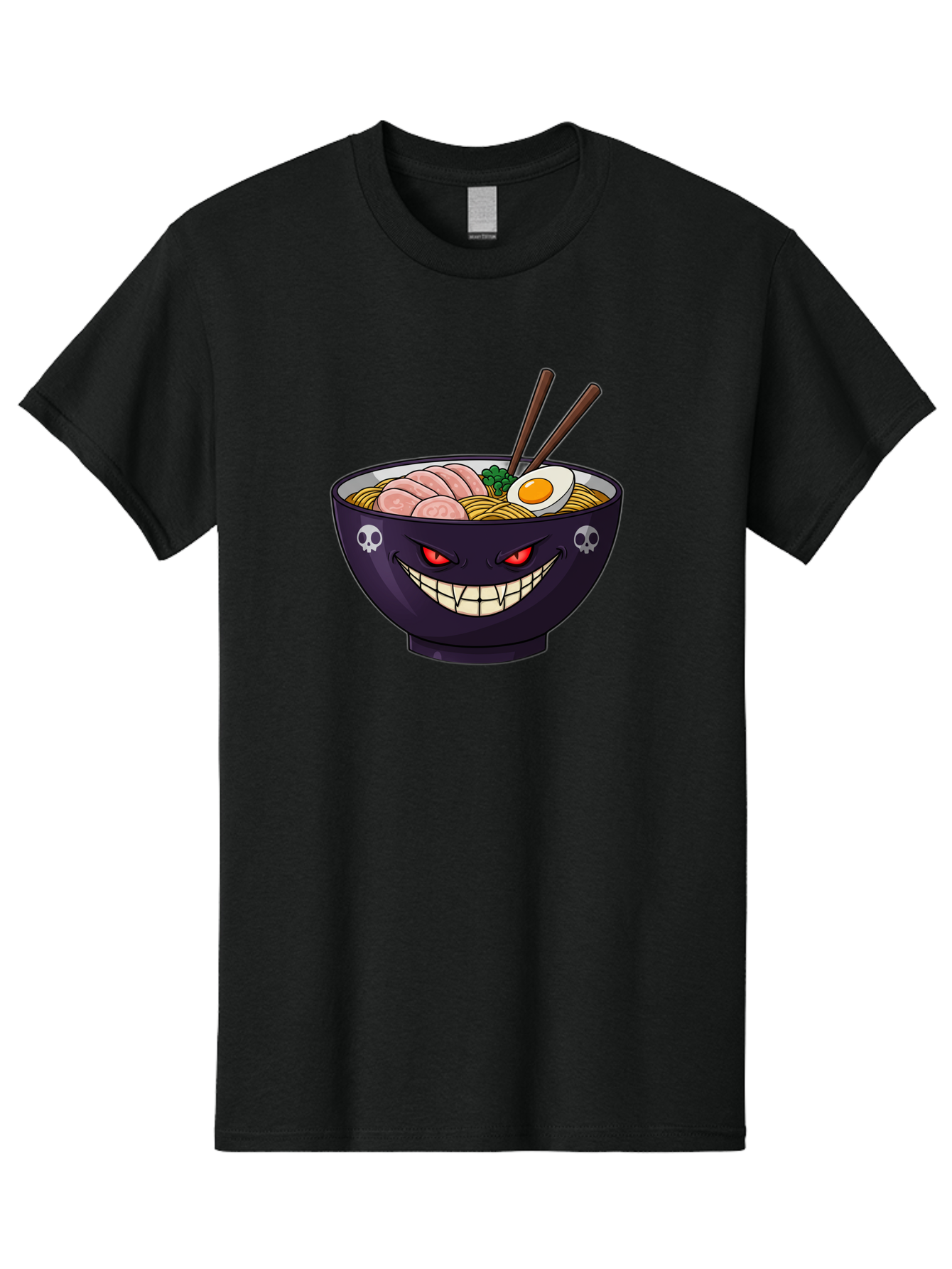 Bowl-Of-Ramen Men'S Graphic Tee, 100% Cotton, Comfortable Casual Summer Wear, Machine Washable, Gengar Character, Ramen Bowl, Cartoon, Noodles, Sliced Ham, Egg, Chopsticks, Anime Style, Pokémon, Skulls, Menacing Grin, Japanese Cuisine, Baa200
