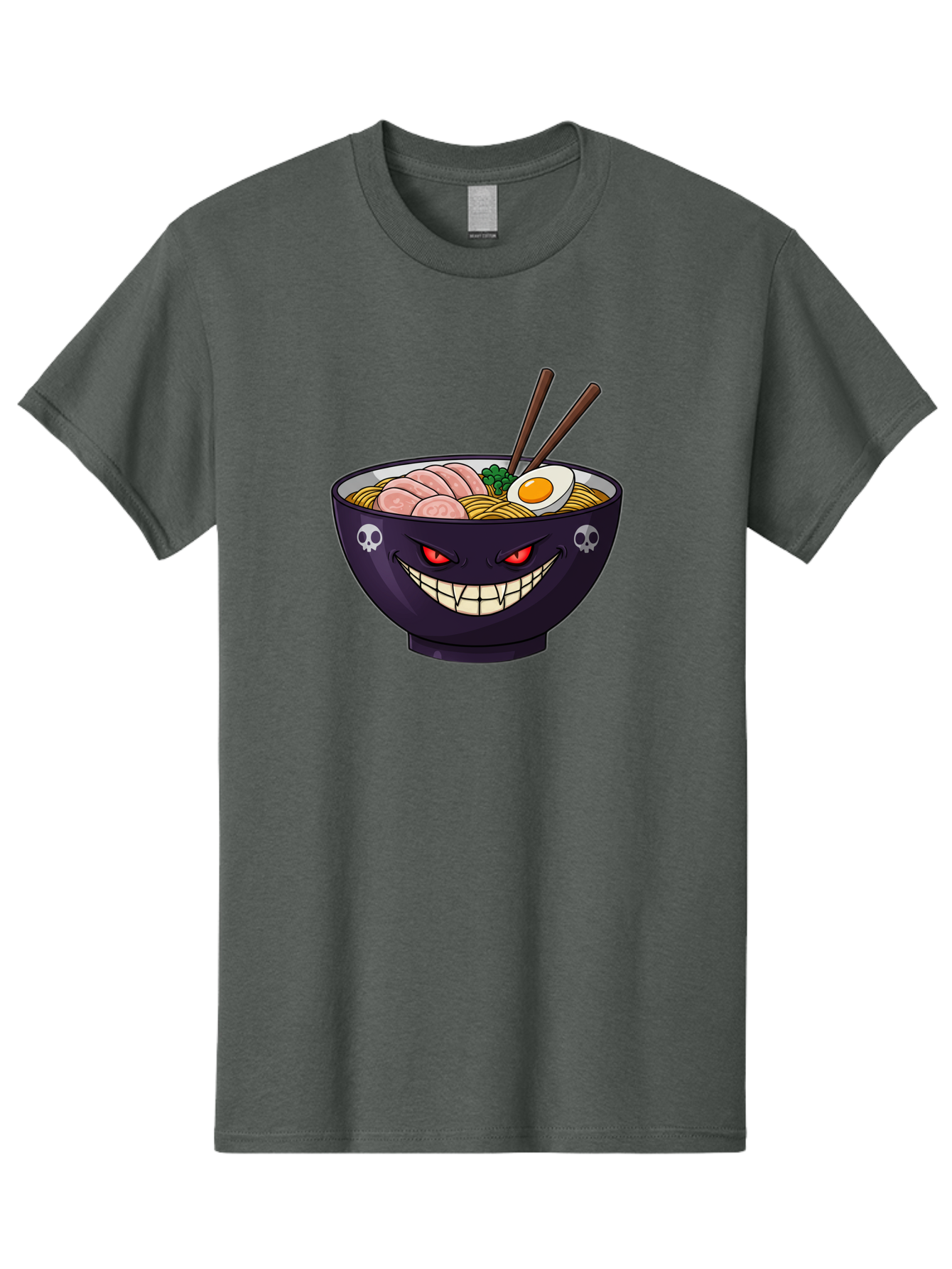 Bowl-Of-Ramen Men'S Graphic Tee, 100% Cotton, Comfortable Casual Summer Wear, Machine Washable, Gengar Character, Ramen Bowl, Cartoon, Noodles, Sliced Ham, Egg, Chopsticks, Anime Style, Pokémon, Skulls, Menacing Grin, Japanese Cuisine, Baa200