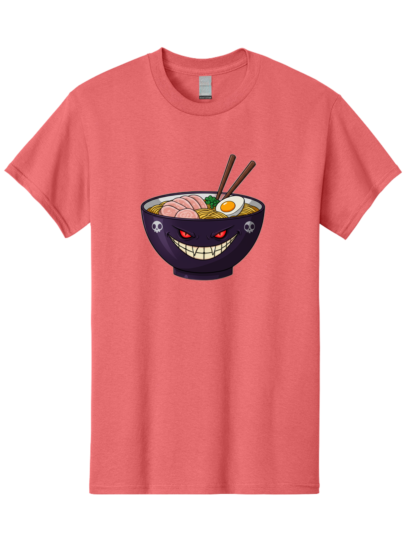 Bowl-Of-Ramen Men'S Graphic Tee, 100% Cotton, Comfortable Casual Summer Wear, Machine Washable, Gengar Character, Ramen Bowl, Cartoon, Noodles, Sliced Ham, Egg, Chopsticks, Anime Style, Pokémon, Skulls, Menacing Grin, Japanese Cuisine, Baa200