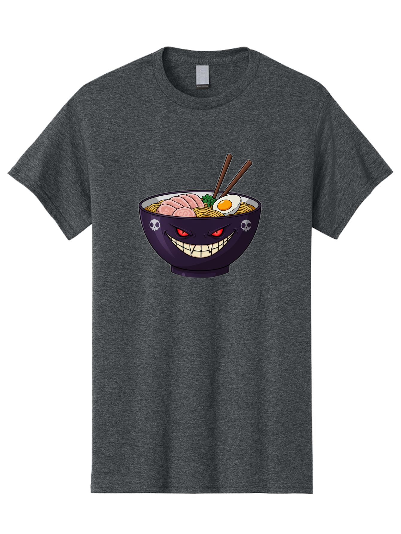 Bowl-Of-Ramen Men'S Graphic Tee, 100% Cotton, Comfortable Casual Summer Wear, Machine Washable, Gengar Character, Ramen Bowl, Cartoon, Noodles, Sliced Ham, Egg, Chopsticks, Anime Style, Pokémon, Skulls, Menacing Grin, Japanese Cuisine, Baa200