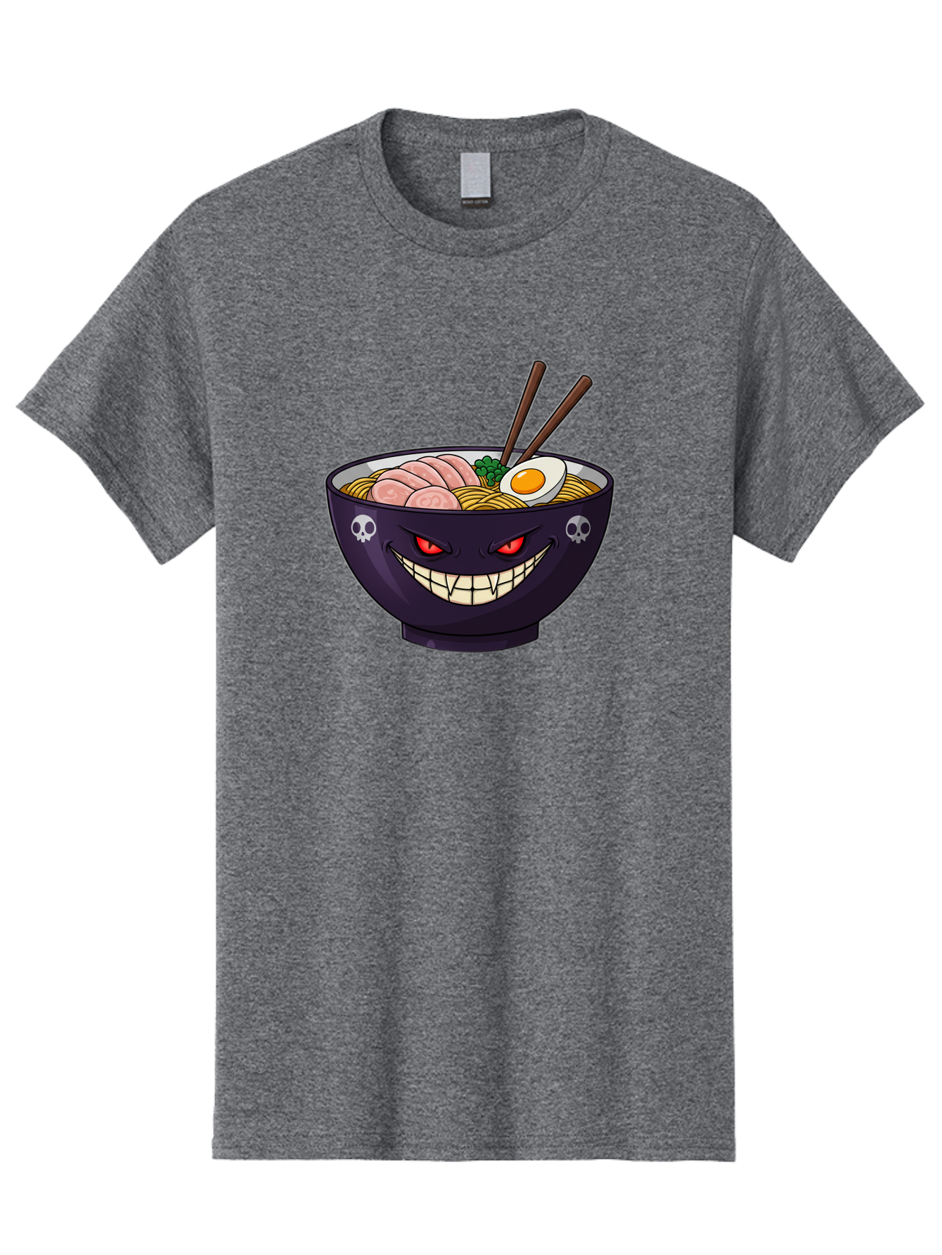 Bowl-Of-Ramen Men'S Graphic Tee, 100% Cotton, Comfortable Casual Summer Wear, Machine Washable, Gengar Character, Ramen Bowl, Cartoon, Noodles, Sliced Ham, Egg, Chopsticks, Anime Style, Pokémon, Skulls, Menacing Grin, Japanese Cuisine, Baa200