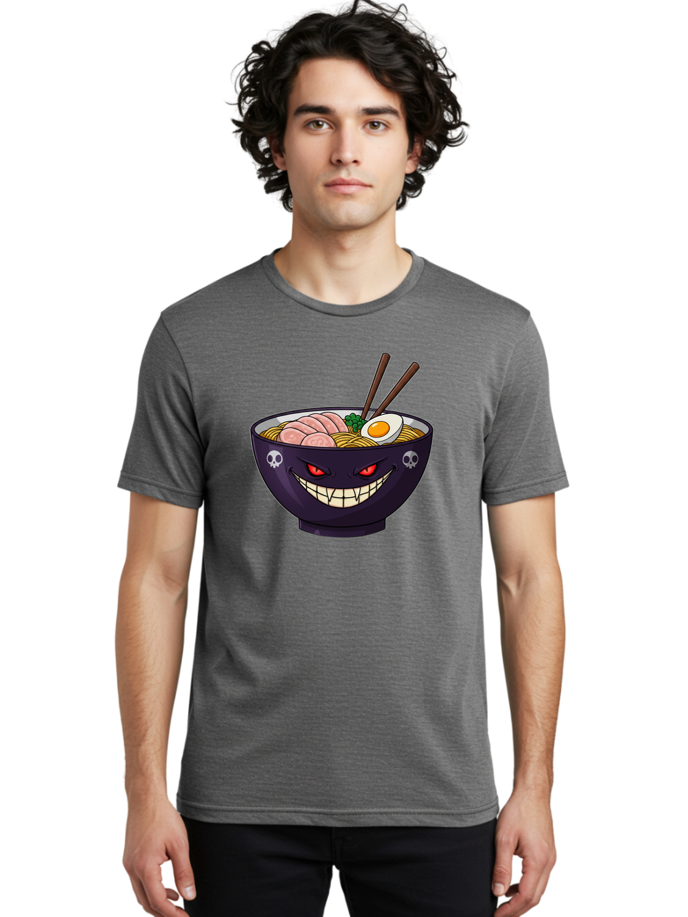Bowl-Of-Ramen Men'S Graphic Tee, 100% Cotton, Comfortable Casual Summer Wear, Machine Washable, Gengar Character, Ramen Bowl, Cartoon, Noodles, Sliced Ham, Egg, Chopsticks, Anime Style, Pokémon, Skulls, Menacing Grin, Japanese Cuisine, Baa200