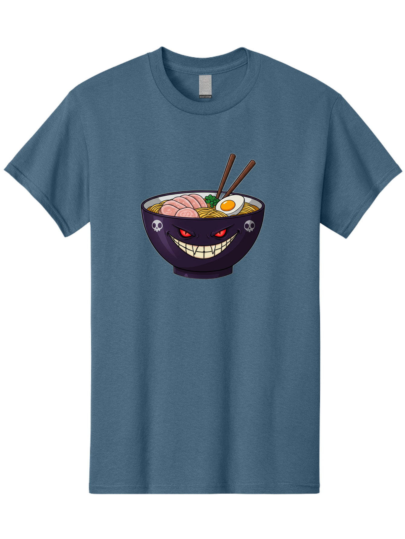 Bowl-Of-Ramen Men'S Graphic Tee, 100% Cotton, Comfortable Casual Summer Wear, Machine Washable, Gengar Character, Ramen Bowl, Cartoon, Noodles, Sliced Ham, Egg, Chopsticks, Anime Style, Pokémon, Skulls, Menacing Grin, Japanese Cuisine, Baa200