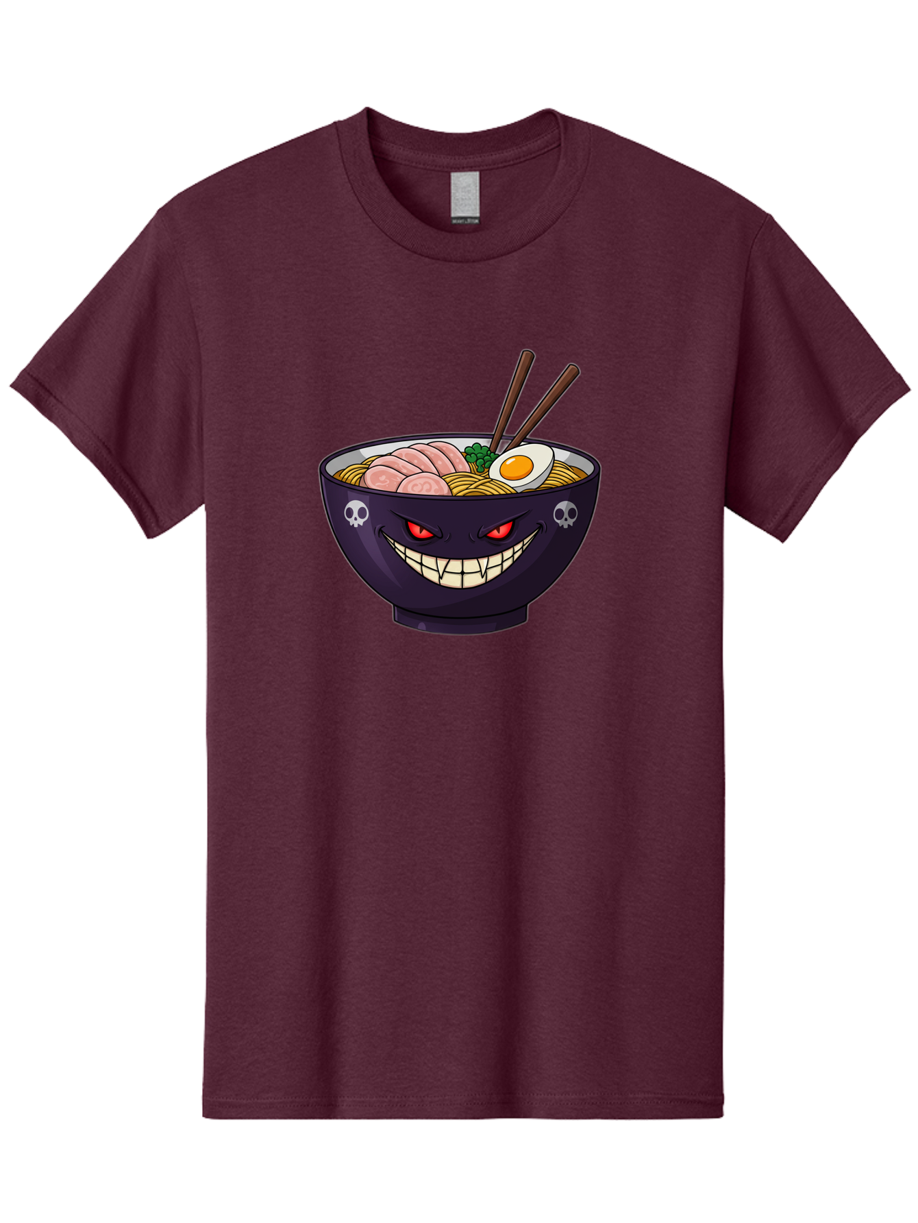 Bowl-Of-Ramen Men'S Graphic Tee, 100% Cotton, Comfortable Casual Summer Wear, Machine Washable, Gengar Character, Ramen Bowl, Cartoon, Noodles, Sliced Ham, Egg, Chopsticks, Anime Style, Pokémon, Skulls, Menacing Grin, Japanese Cuisine, Baa200