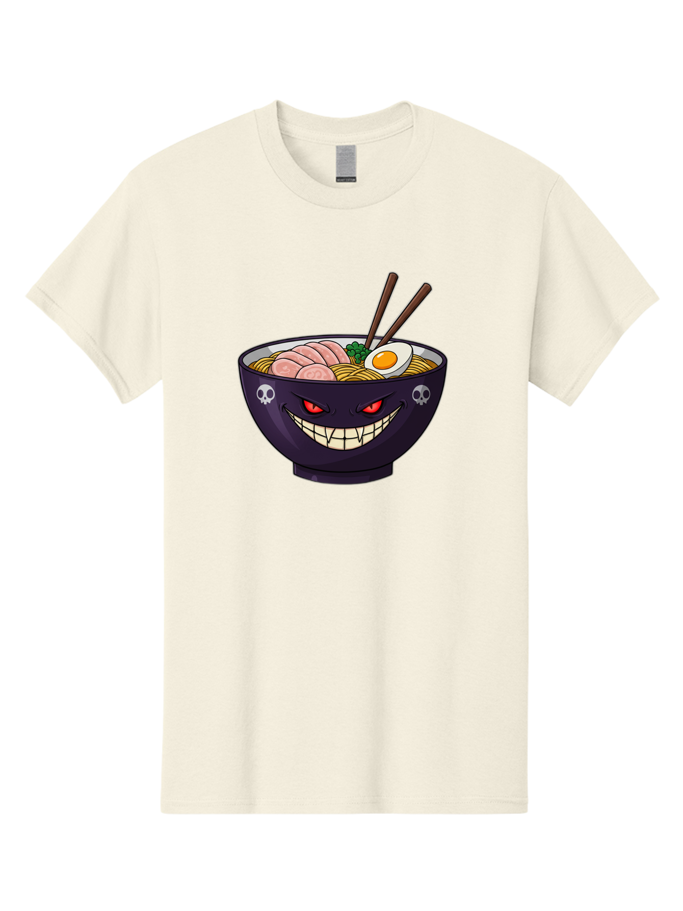 Bowl-Of-Ramen Men'S Graphic Tee, 100% Cotton, Comfortable Casual Summer Wear, Machine Washable, Gengar Character, Ramen Bowl, Cartoon, Noodles, Sliced Ham, Egg, Chopsticks, Anime Style, Pokémon, Skulls, Menacing Grin, Japanese Cuisine, Baa200