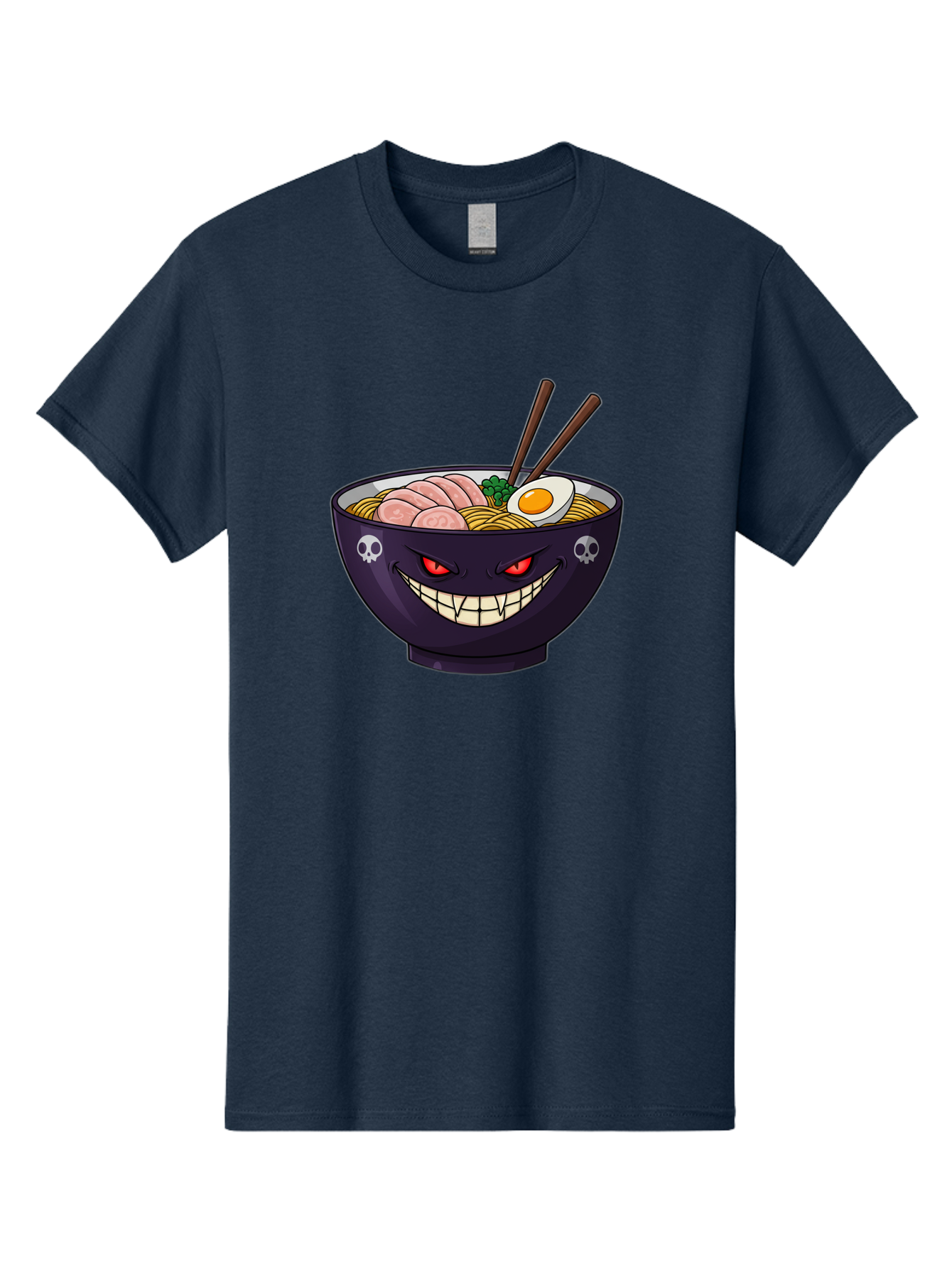 Bowl-Of-Ramen Men'S Graphic Tee, 100% Cotton, Comfortable Casual Summer Wear, Machine Washable, Gengar Character, Ramen Bowl, Cartoon, Noodles, Sliced Ham, Egg, Chopsticks, Anime Style, Pokémon, Skulls, Menacing Grin, Japanese Cuisine, Baa200