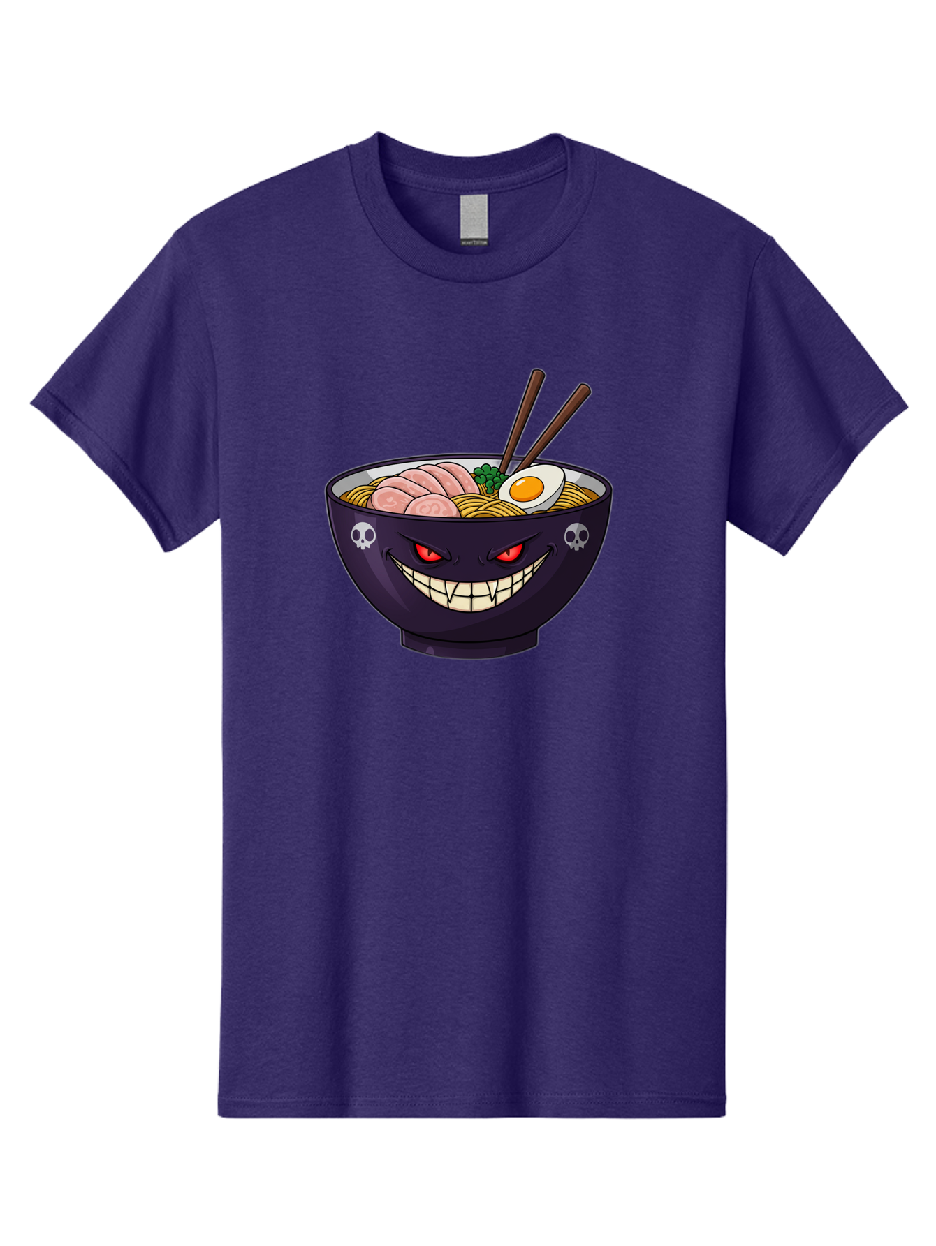 Bowl-Of-Ramen Men'S Graphic Tee, 100% Cotton, Comfortable Casual Summer Wear, Machine Washable, Gengar Character, Ramen Bowl, Cartoon, Noodles, Sliced Ham, Egg, Chopsticks, Anime Style, Pokémon, Skulls, Menacing Grin, Japanese Cuisine, Baa200
