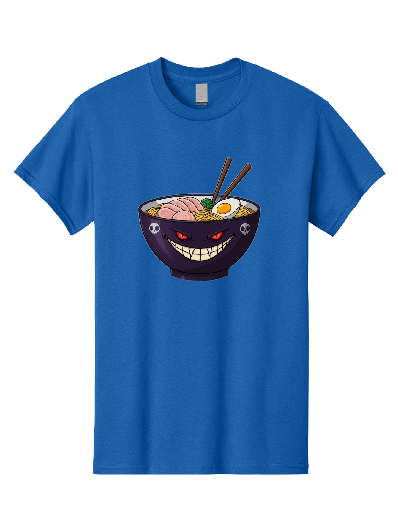 Bowl-Of-Ramen Men'S Graphic Tee, 100% Cotton, Comfortable Casual Summer Wear, Machine Washable, Gengar Character, Ramen Bowl, Cartoon, Noodles, Sliced Ham, Egg, Chopsticks, Anime Style, Pokémon, Skulls, Menacing Grin, Japanese Cuisine, Baa200
