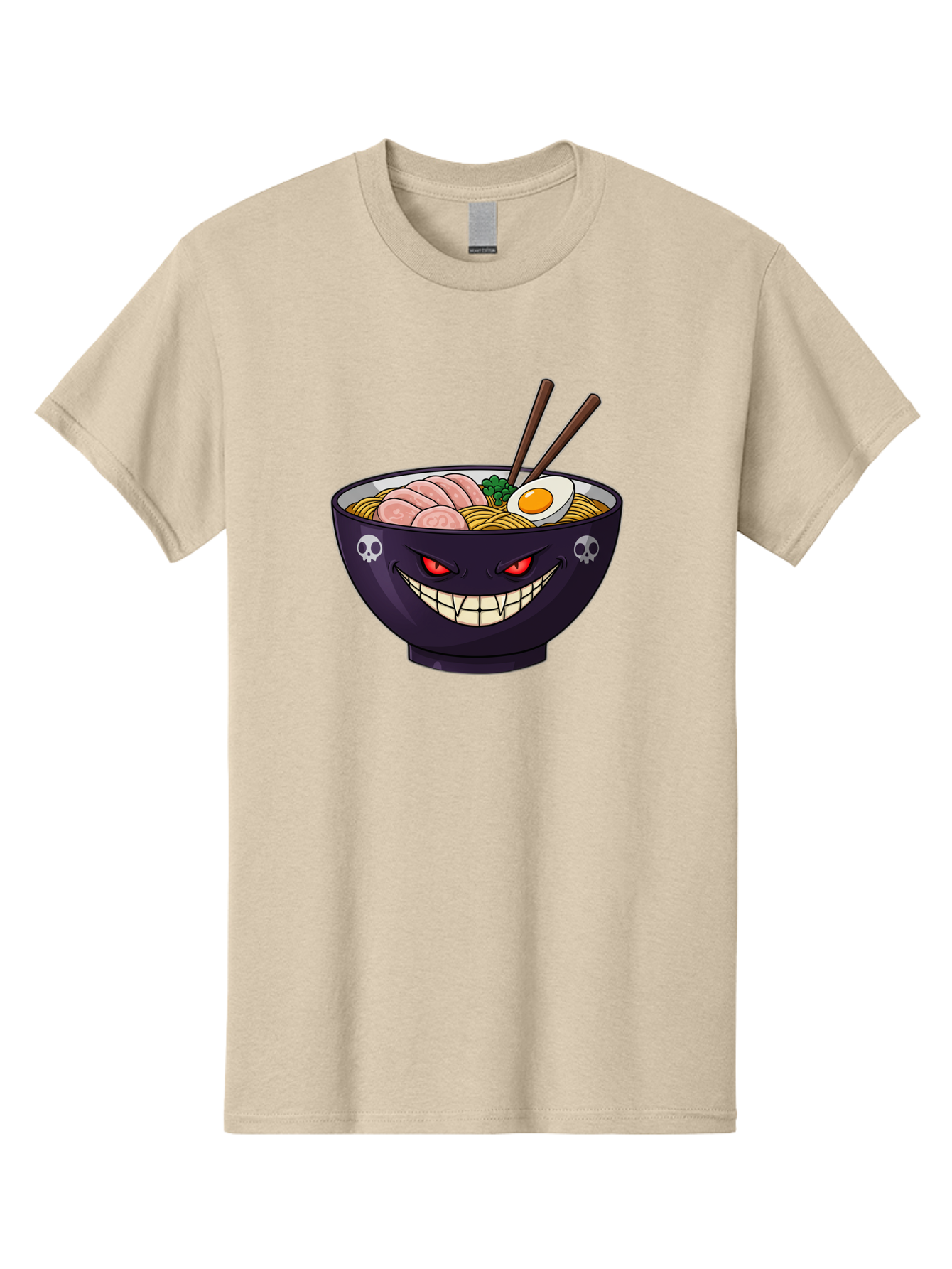 Bowl-Of-Ramen Men'S Graphic Tee, 100% Cotton, Comfortable Casual Summer Wear, Machine Washable, Gengar Character, Ramen Bowl, Cartoon, Noodles, Sliced Ham, Egg, Chopsticks, Anime Style, Pokémon, Skulls, Menacing Grin, Japanese Cuisine, Baa200