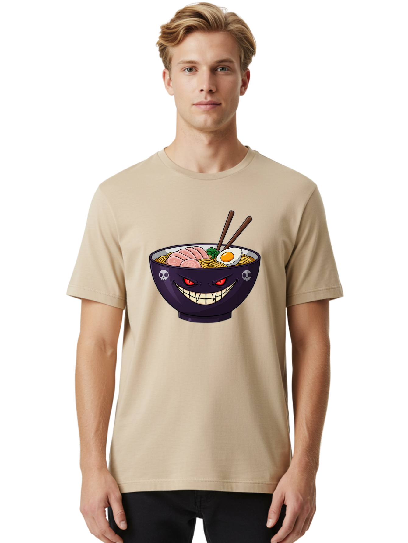 Bowl-Of-Ramen Men'S Graphic Tee, 100% Cotton, Comfortable Casual Summer Wear, Machine Washable, Gengar Character, Ramen Bowl, Cartoon, Noodles, Sliced Ham, Egg, Chopsticks, Anime Style, Pokémon, Skulls, Menacing Grin, Japanese Cuisine, Baa200