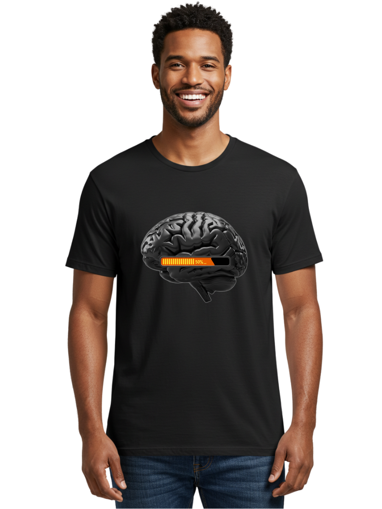 Brain-50 Men'S Graphic Tee, 100% Cotton, Comfortable Casual Summer Wear, Machine Washable, Human Brain, 50% Charged, Battery Icon, Progress Bar, Cognitive Function, Mental Capacity, Intelligence, Knowledge Baa202