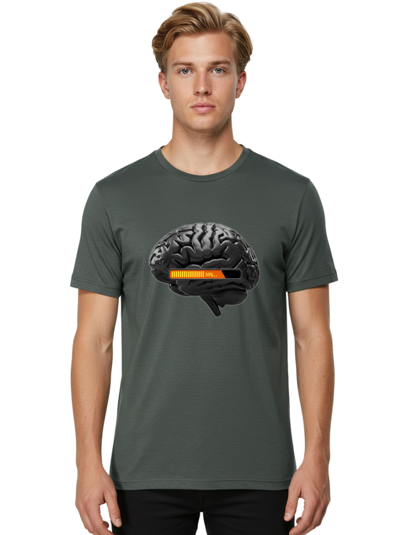 Brain-50 Men'S Graphic Tee, 100% Cotton, Comfortable Casual Summer Wear, Machine Washable, Human Brain, 50% Charged, Battery Icon, Progress Bar, Cognitive Function, Mental Capacity, Intelligence, Knowledge Baa202