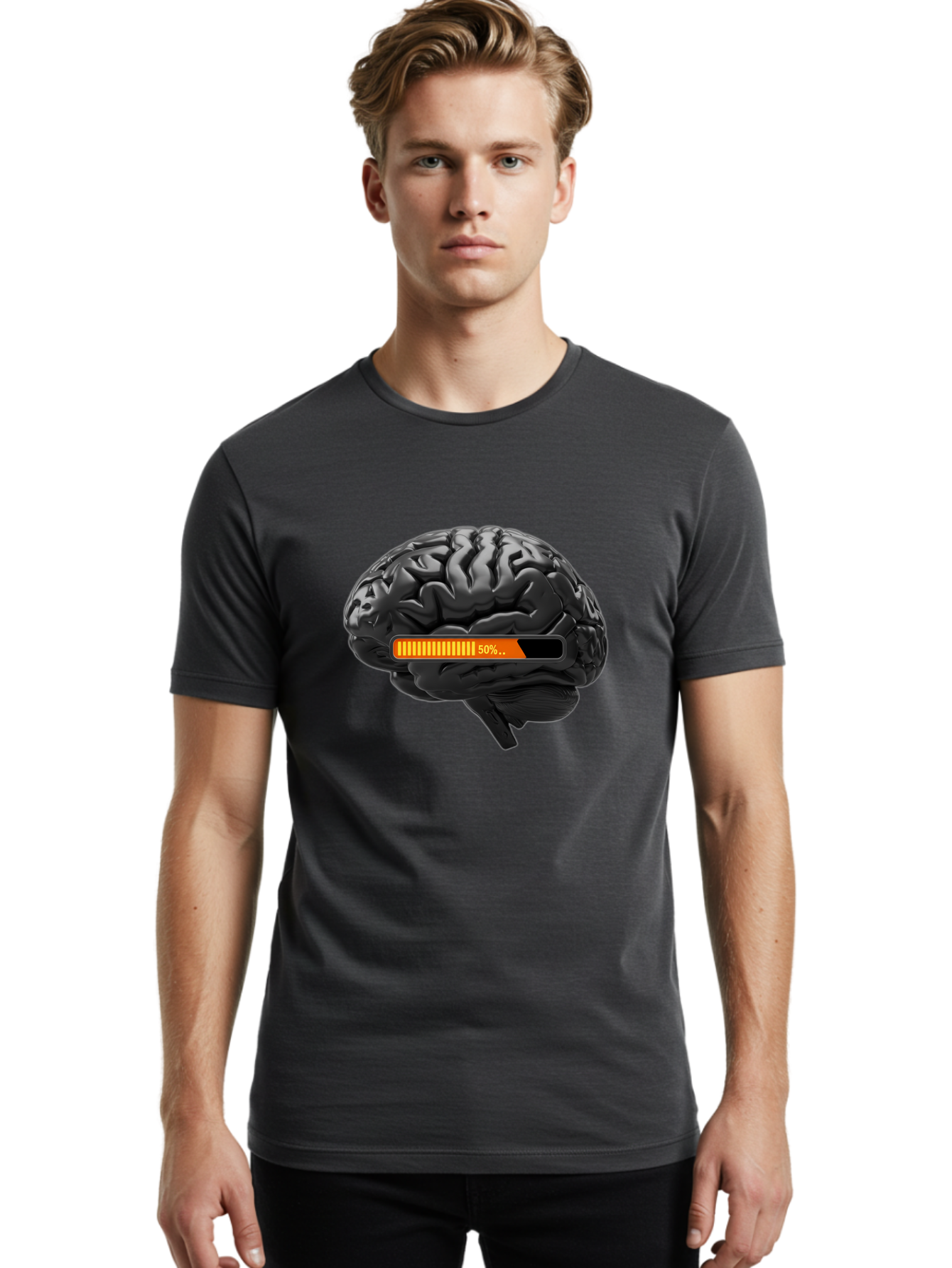Brain-50 Men'S Graphic Tee, 100% Cotton, Comfortable Casual Summer Wear, Machine Washable, Human Brain, 50% Charged, Battery Icon, Progress Bar, Cognitive Function, Mental Capacity, Intelligence, Knowledge Baa202