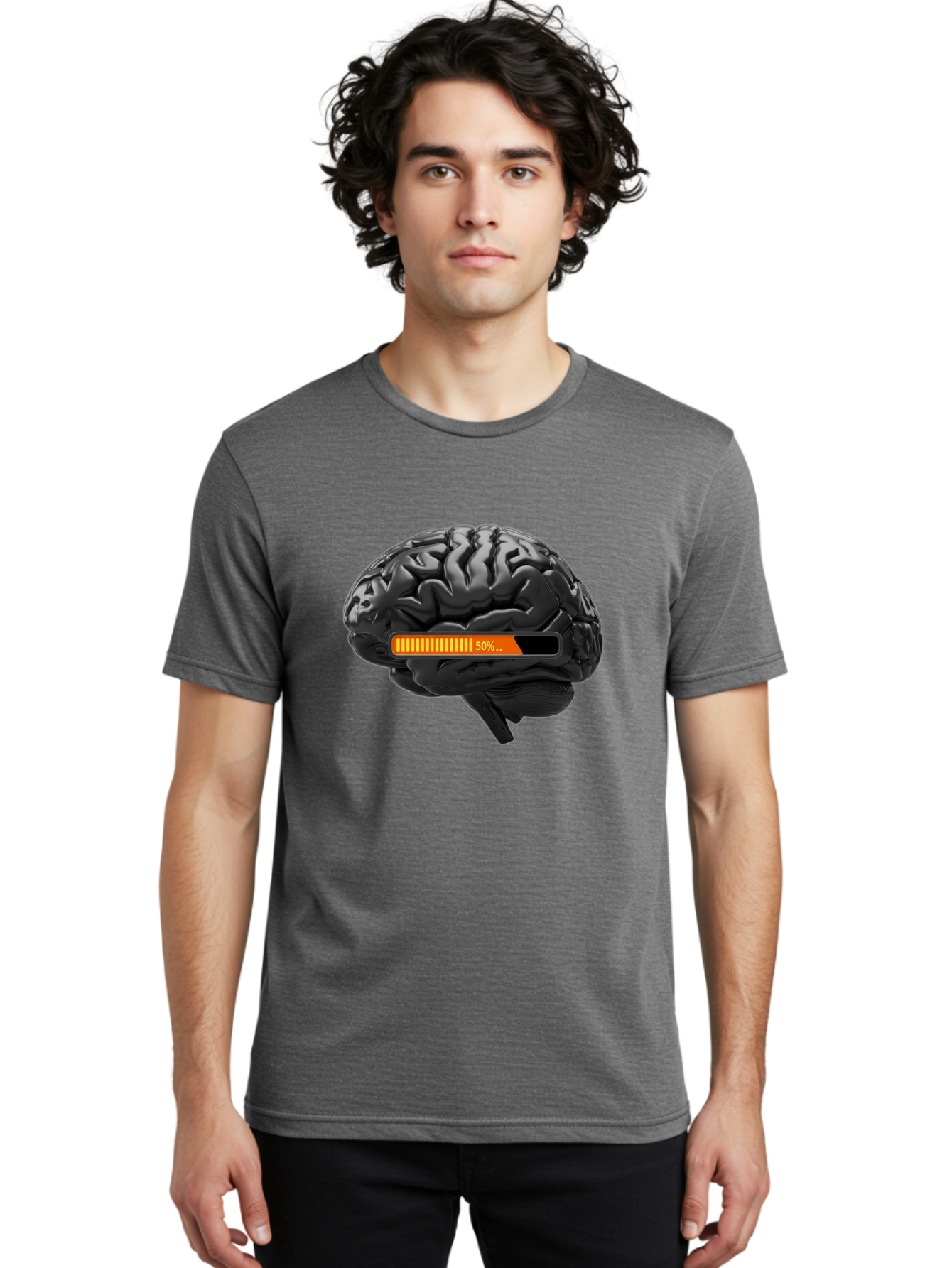 Brain-50 Men'S Graphic Tee, 100% Cotton, Comfortable Casual Summer Wear, Machine Washable, Human Brain, 50% Charged, Battery Icon, Progress Bar, Cognitive Function, Mental Capacity, Intelligence, Knowledge Baa202