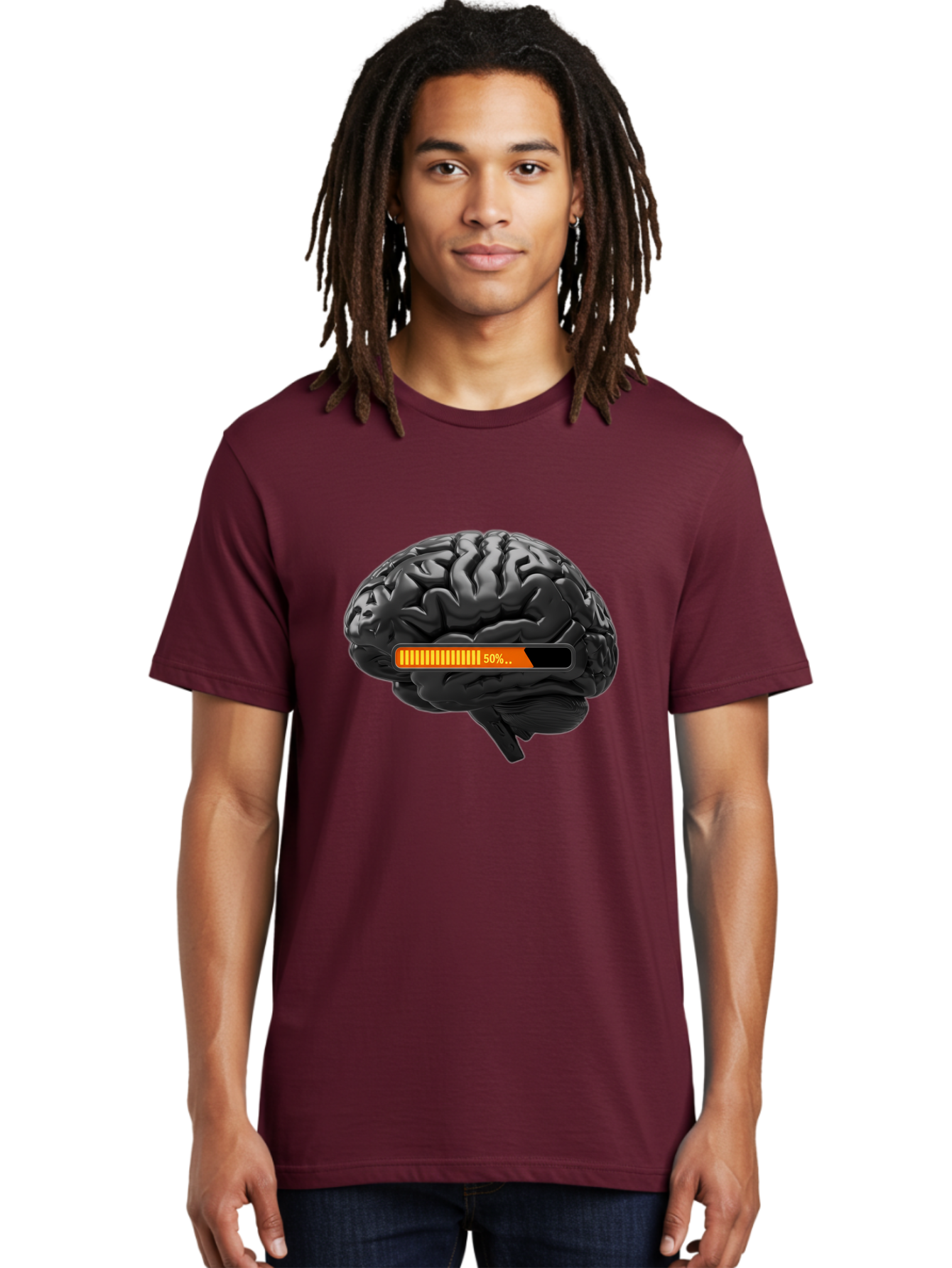 Brain-50 Men'S Graphic Tee, 100% Cotton, Comfortable Casual Summer Wear, Machine Washable, Human Brain, 50% Charged, Battery Icon, Progress Bar, Cognitive Function, Mental Capacity, Intelligence, Knowledge Baa202