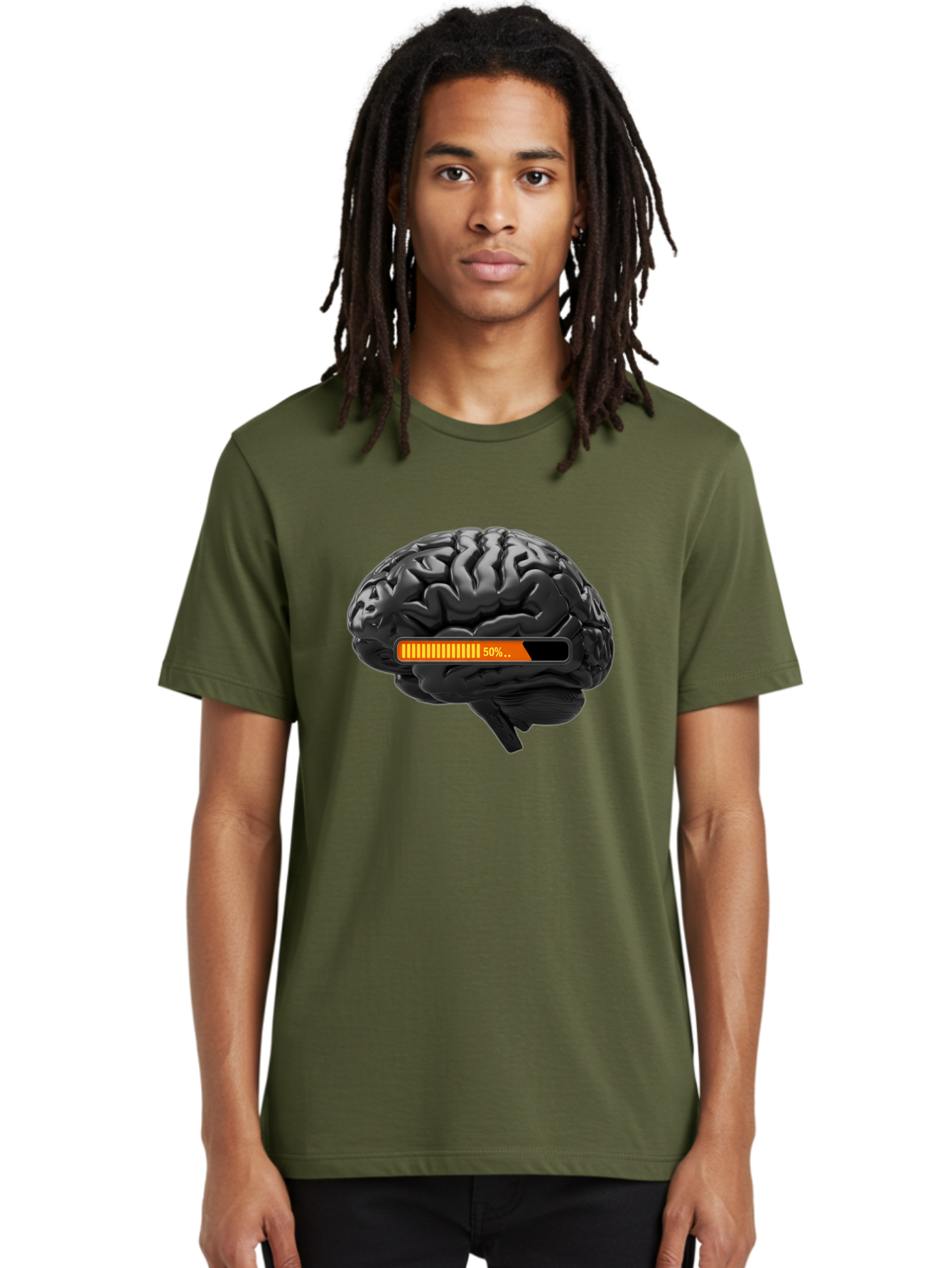 Brain-50 Men'S Graphic Tee, 100% Cotton, Comfortable Casual Summer Wear, Machine Washable, Human Brain, 50% Charged, Battery Icon, Progress Bar, Cognitive Function, Mental Capacity, Intelligence, Knowledge Baa202