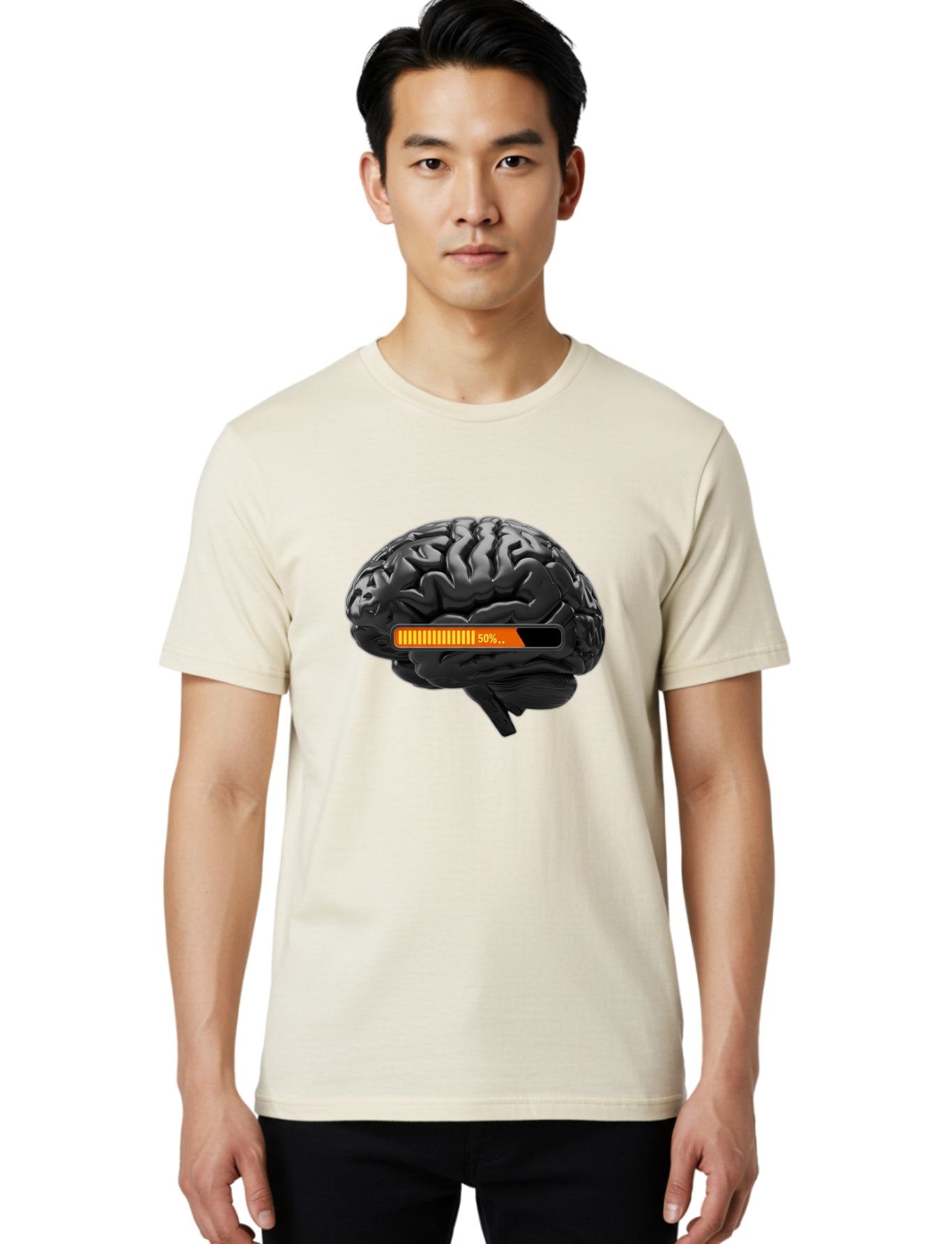 Brain-50 Men'S Graphic Tee, 100% Cotton, Comfortable Casual Summer Wear, Machine Washable, Human Brain, 50% Charged, Battery Icon, Progress Bar, Cognitive Function, Mental Capacity, Intelligence, Knowledge Baa202