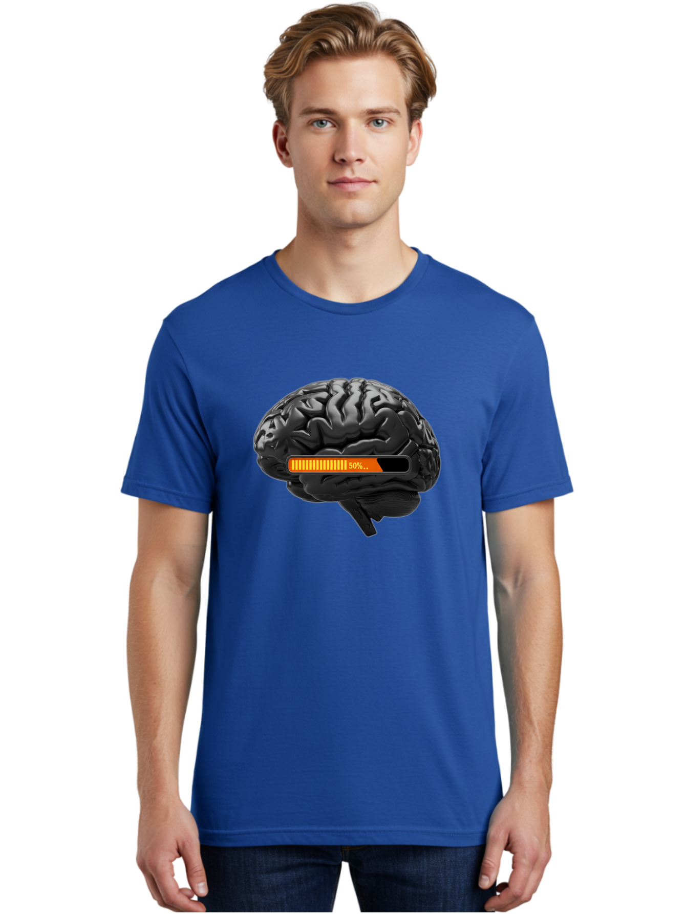 Brain-50 Men'S Graphic Tee, 100% Cotton, Comfortable Casual Summer Wear, Machine Washable, Human Brain, 50% Charged, Battery Icon, Progress Bar, Cognitive Function, Mental Capacity, Intelligence, Knowledge Baa202