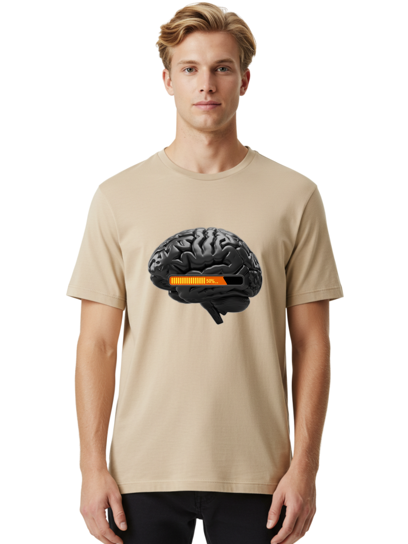 Brain-50 Men'S Graphic Tee, 100% Cotton, Comfortable Casual Summer Wear, Machine Washable, Human Brain, 50% Charged, Battery Icon, Progress Bar, Cognitive Function, Mental Capacity, Intelligence, Knowledge Baa202