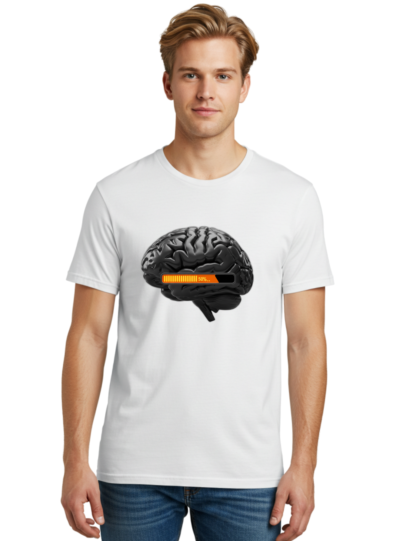 Brain-50 Men'S Graphic Tee, 100% Cotton, Comfortable Casual Summer Wear, Machine Washable, Human Brain, 50% Charged, Battery Icon, Progress Bar, Cognitive Function, Mental Capacity, Intelligence, Knowledge Baa202