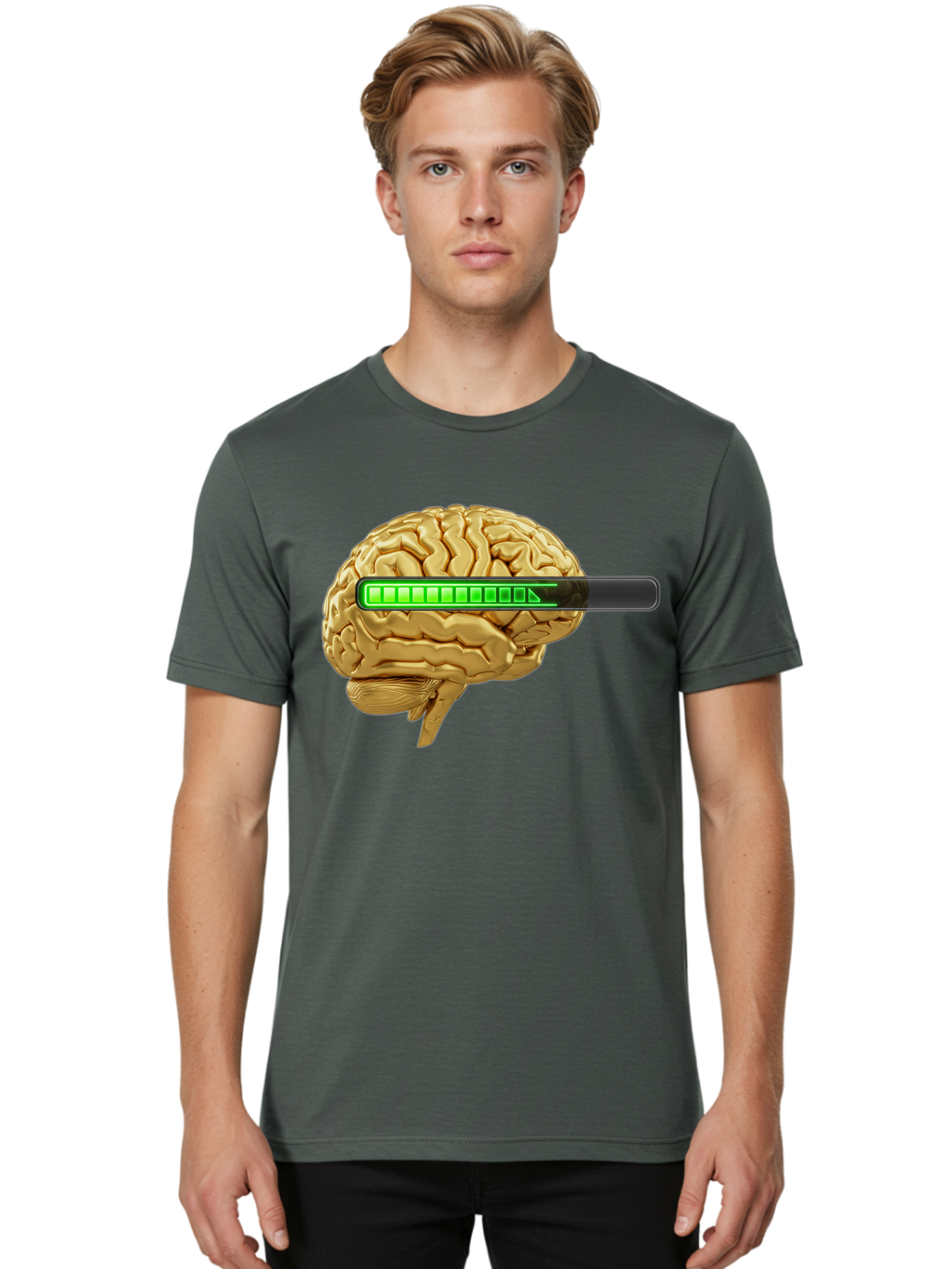 Brain-Battery Men'S Graphic Tee, 100% Cotton, Comfortable Casual Summer Wear, Machine Washable, Human Brain, Charging Battery, Digital Illustration, Green Battery Bar, Cognitive Enhancement, Brain Power, Neuroscience, Futuristic Concept, Baa204