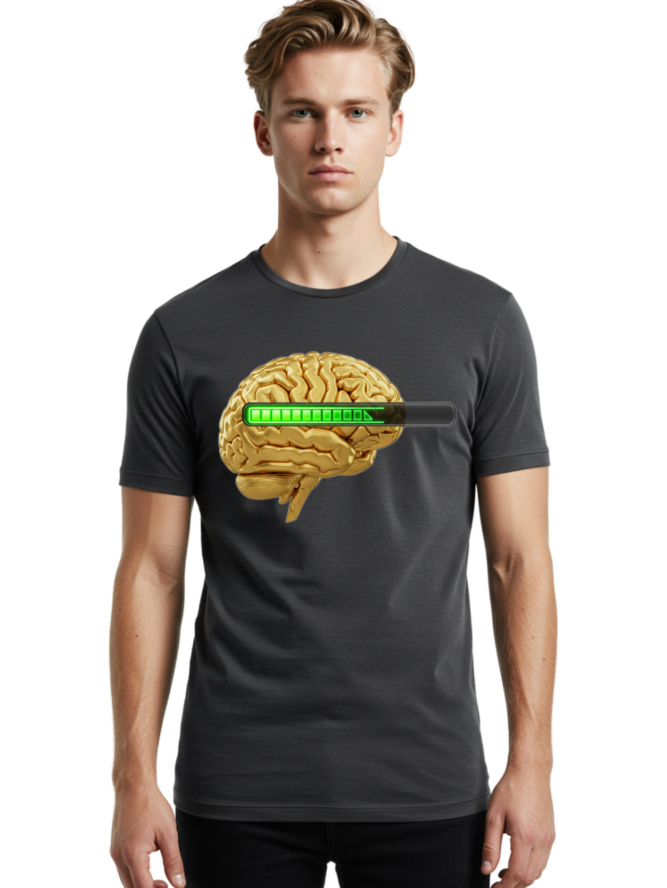 Brain-Battery Men'S Graphic Tee, 100% Cotton, Comfortable Casual Summer Wear, Machine Washable, Human Brain, Charging Battery, Digital Illustration, Green Battery Bar, Cognitive Enhancement, Brain Power, Neuroscience, Futuristic Concept, Baa204