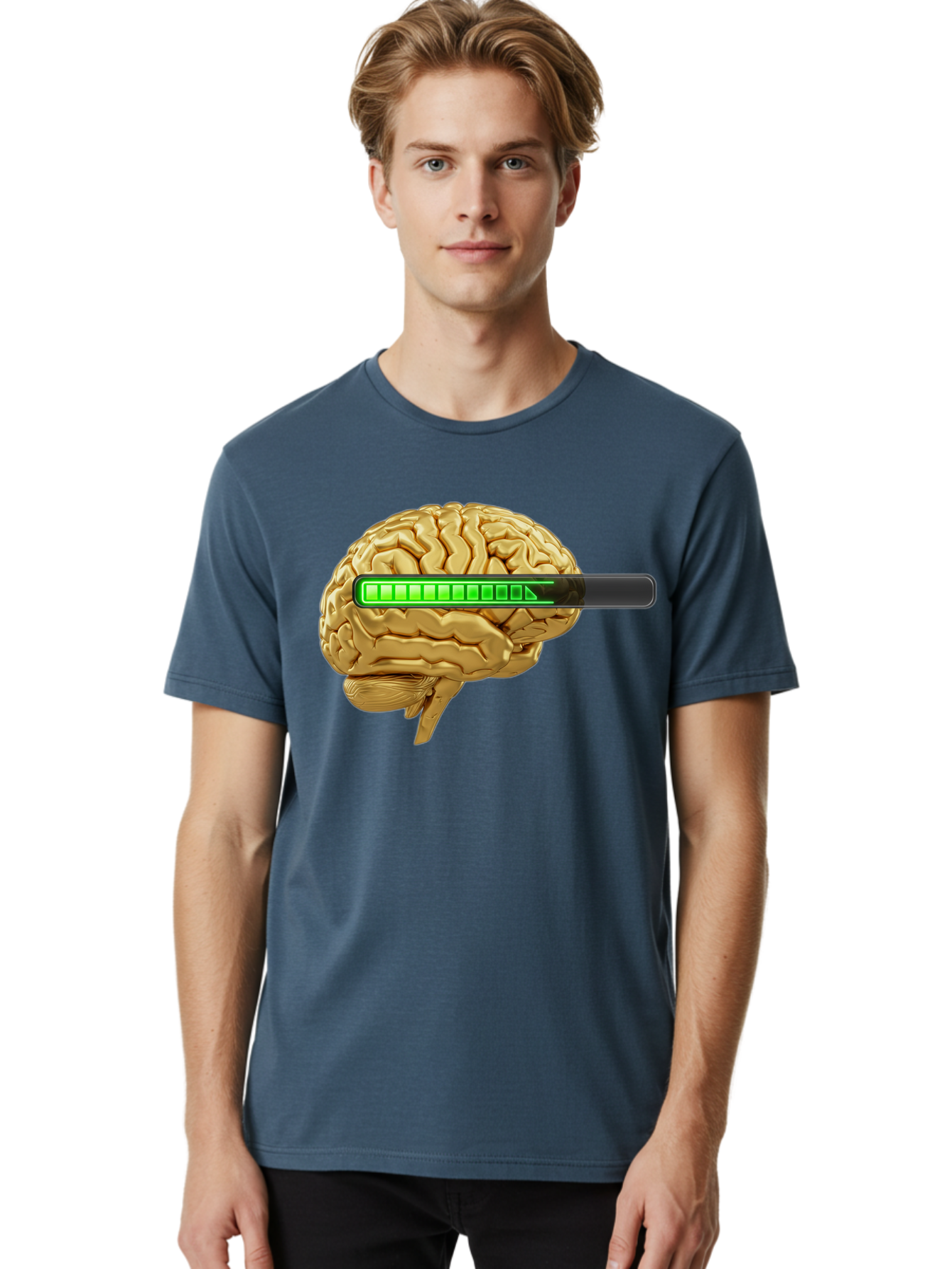 Brain-Battery Men'S Graphic Tee, 100% Cotton, Comfortable Casual Summer Wear, Machine Washable, Human Brain, Charging Battery, Digital Illustration, Green Battery Bar, Cognitive Enhancement, Brain Power, Neuroscience, Futuristic Concept, Baa204