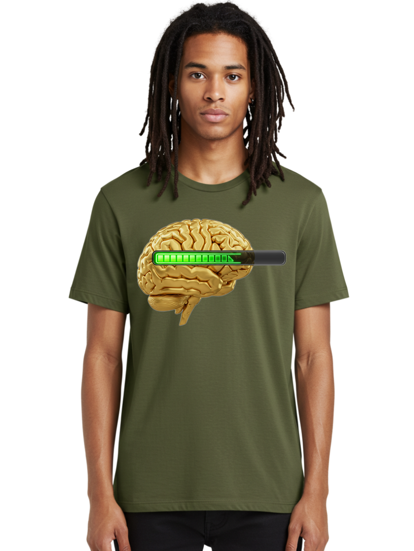 Brain-Battery Men'S Graphic Tee, 100% Cotton, Comfortable Casual Summer Wear, Machine Washable, Human Brain, Charging Battery, Digital Illustration, Green Battery Bar, Cognitive Enhancement, Brain Power, Neuroscience, Futuristic Concept, Baa204