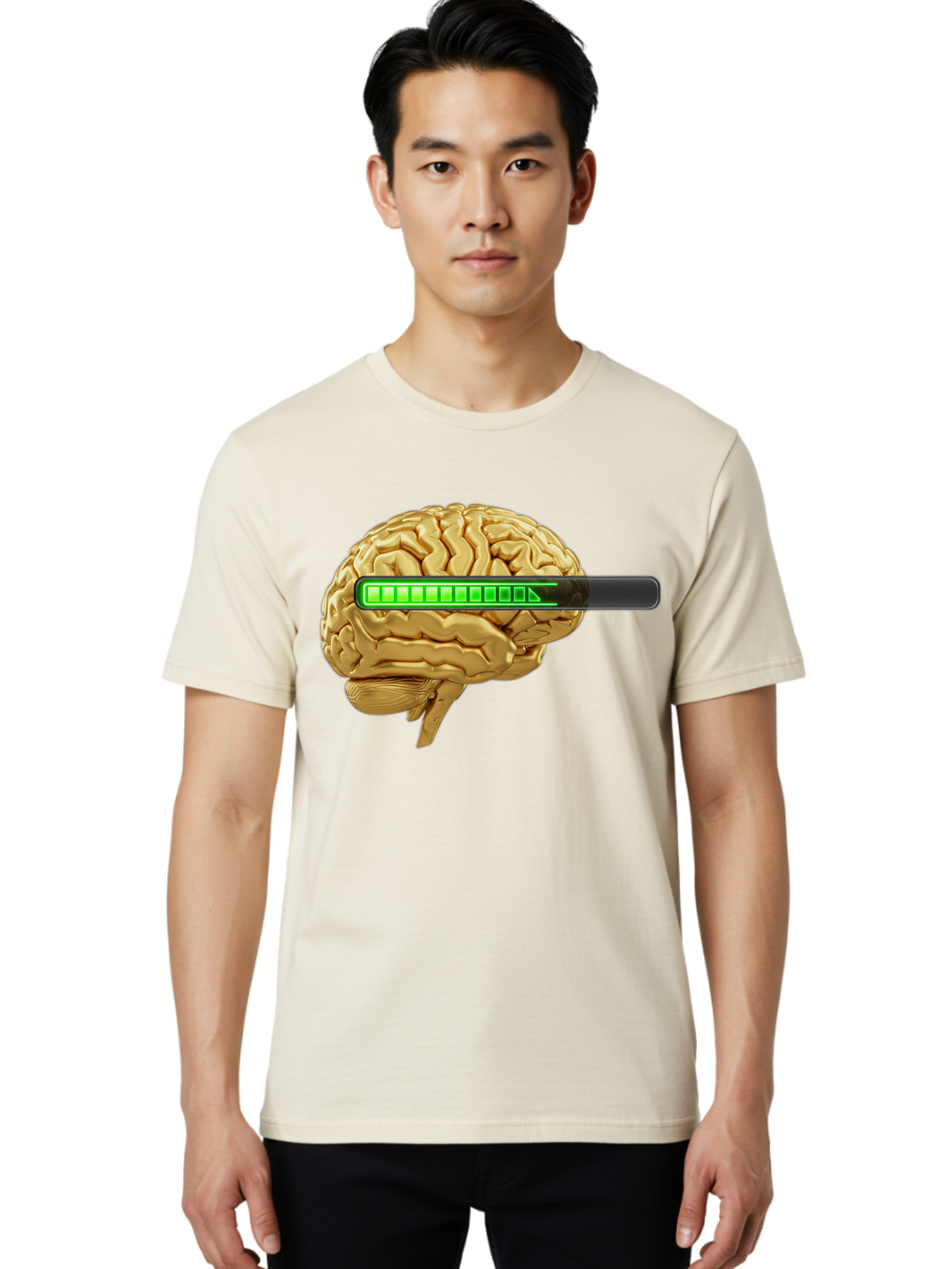 Brain-Battery Men'S Graphic Tee, 100% Cotton, Comfortable Casual Summer Wear, Machine Washable, Human Brain, Charging Battery, Digital Illustration, Green Battery Bar, Cognitive Enhancement, Brain Power, Neuroscience, Futuristic Concept, Baa204
