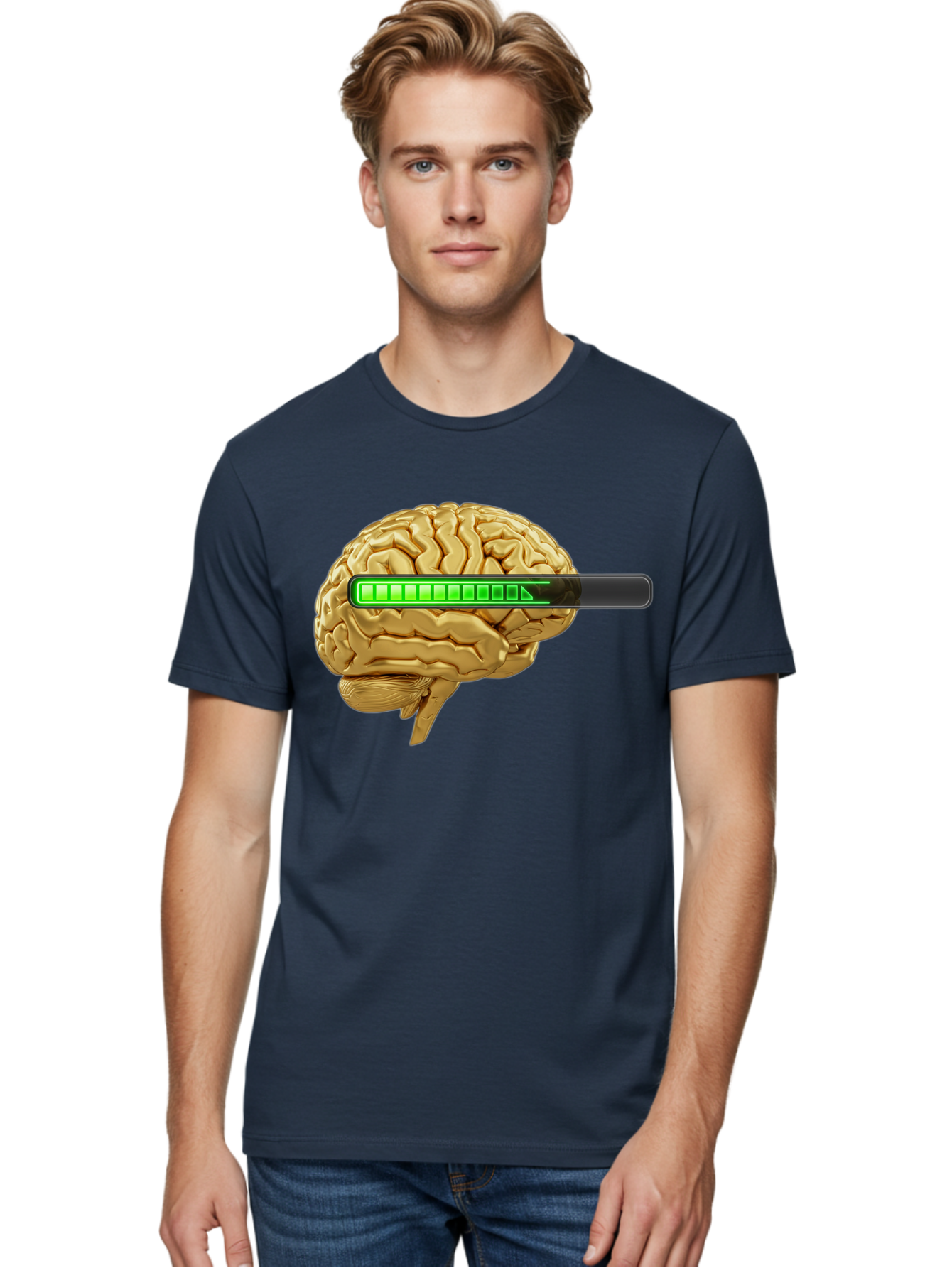 Brain-Battery Men'S Graphic Tee, 100% Cotton, Comfortable Casual Summer Wear, Machine Washable, Human Brain, Charging Battery, Digital Illustration, Green Battery Bar, Cognitive Enhancement, Brain Power, Neuroscience, Futuristic Concept, Baa204