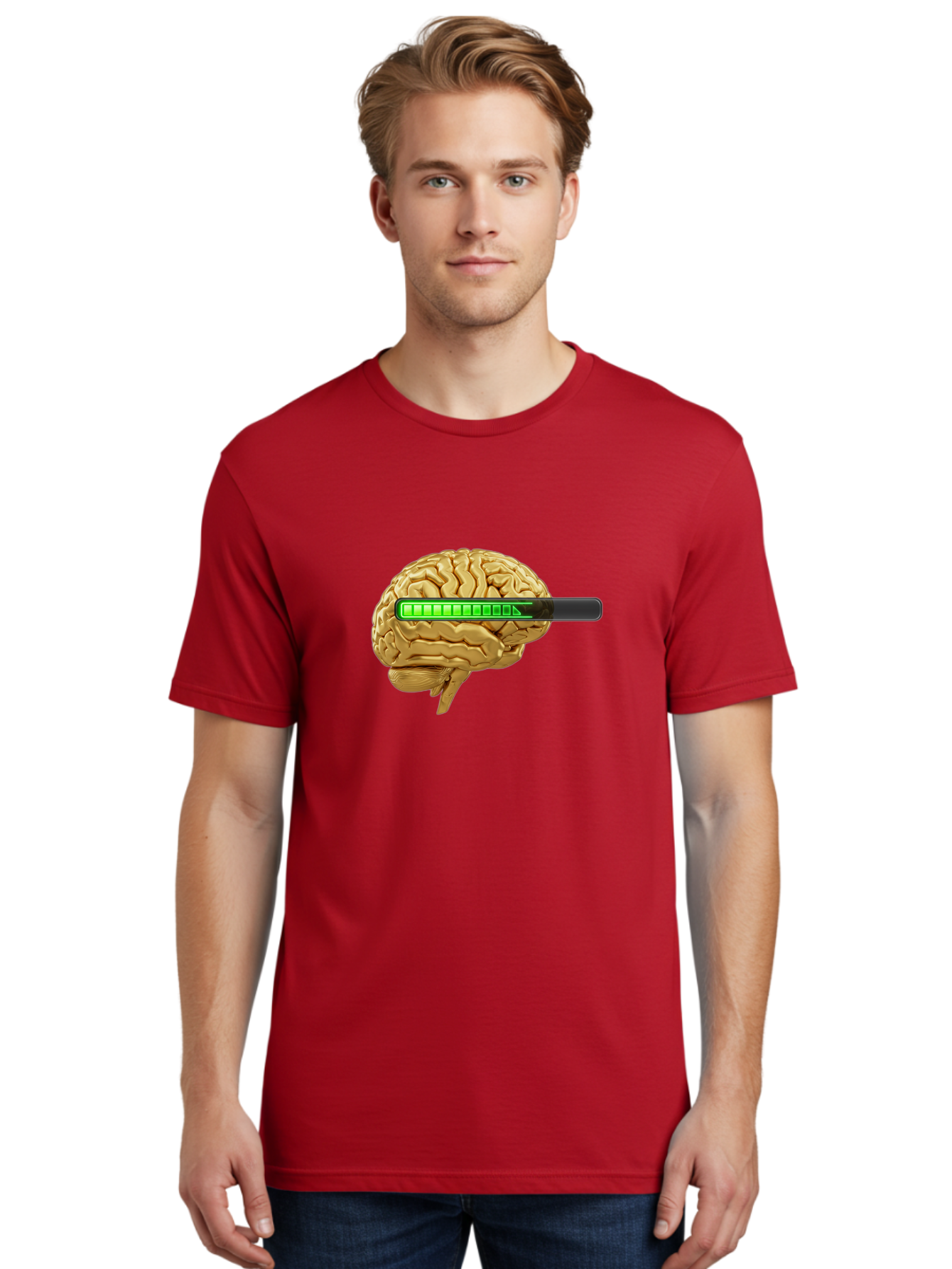 Brain-Battery Men'S Graphic Tee, 100% Cotton, Comfortable Casual Summer Wear, Machine Washable, Human Brain, Charging Battery, Digital Illustration, Green Battery Bar, Cognitive Enhancement, Brain Power, Neuroscience, Futuristic Concept, Baa204