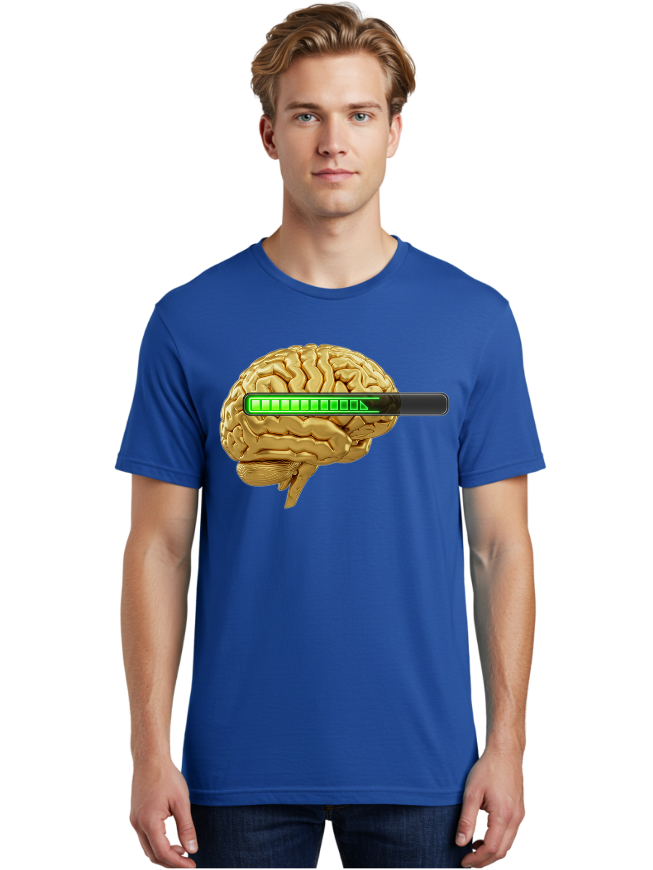 Brain-Battery Men'S Graphic Tee, 100% Cotton, Comfortable Casual Summer Wear, Machine Washable, Human Brain, Charging Battery, Digital Illustration, Green Battery Bar, Cognitive Enhancement, Brain Power, Neuroscience, Futuristic Concept, Baa204