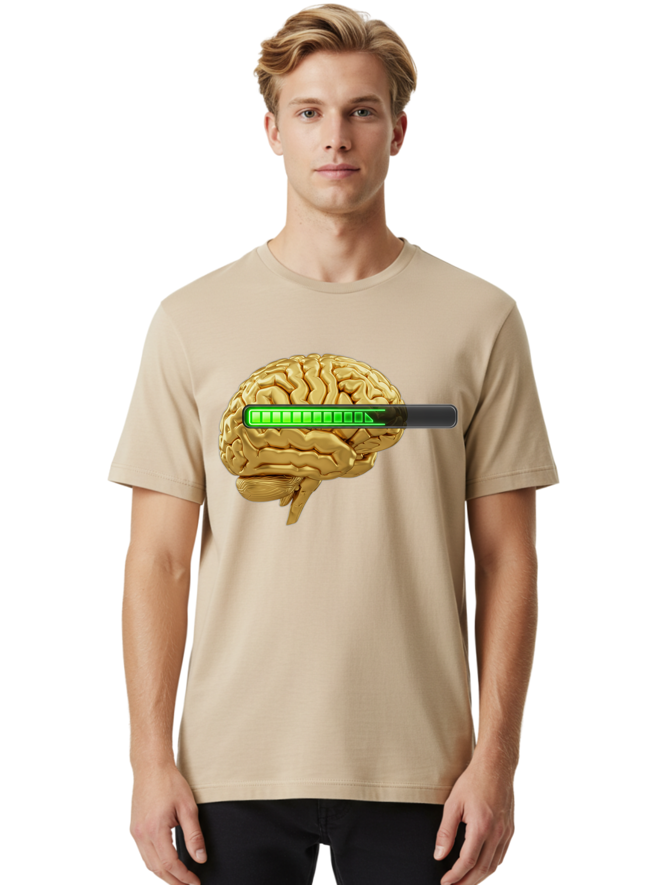 Brain-Battery Men'S Graphic Tee, 100% Cotton, Comfortable Casual Summer Wear, Machine Washable, Human Brain, Charging Battery, Digital Illustration, Green Battery Bar, Cognitive Enhancement, Brain Power, Neuroscience, Futuristic Concept, Baa204