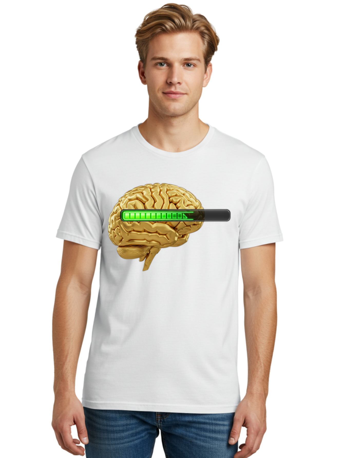 Brain-Battery Men'S Graphic Tee, 100% Cotton, Comfortable Casual Summer Wear, Machine Washable, Human Brain, Charging Battery, Digital Illustration, Green Battery Bar, Cognitive Enhancement, Brain Power, Neuroscience, Futuristic Concept, Baa204