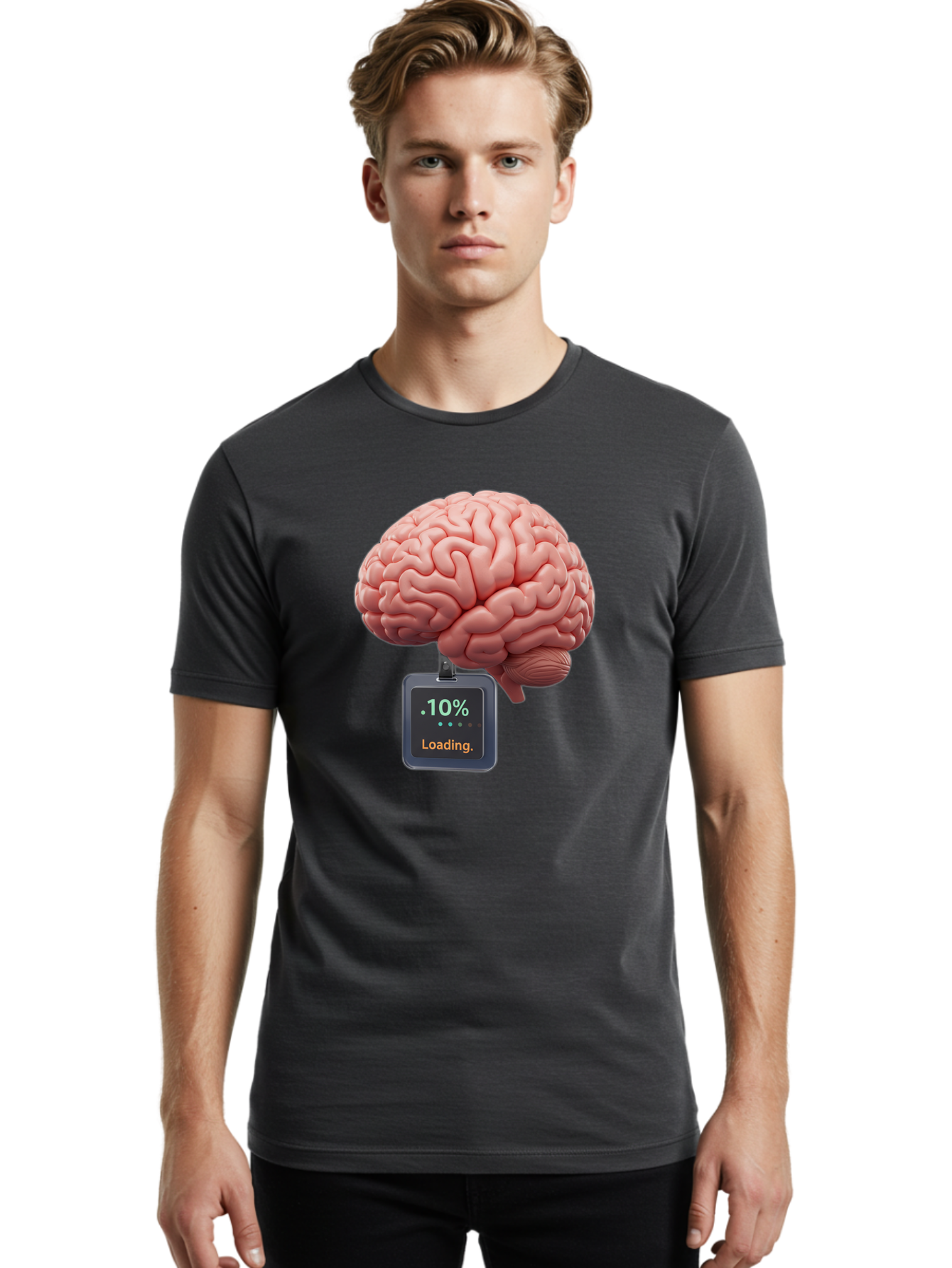 Brain-Charging Men'S Graphic Tee, 100% Cotton, Comfortable Casual Summer Wear, Machine Washable, Human Brain, Digital Loading, 10 Percent, Cognitive Function, Mental Processing, Progress Bar, Brain Power, Neural Activity Baa206