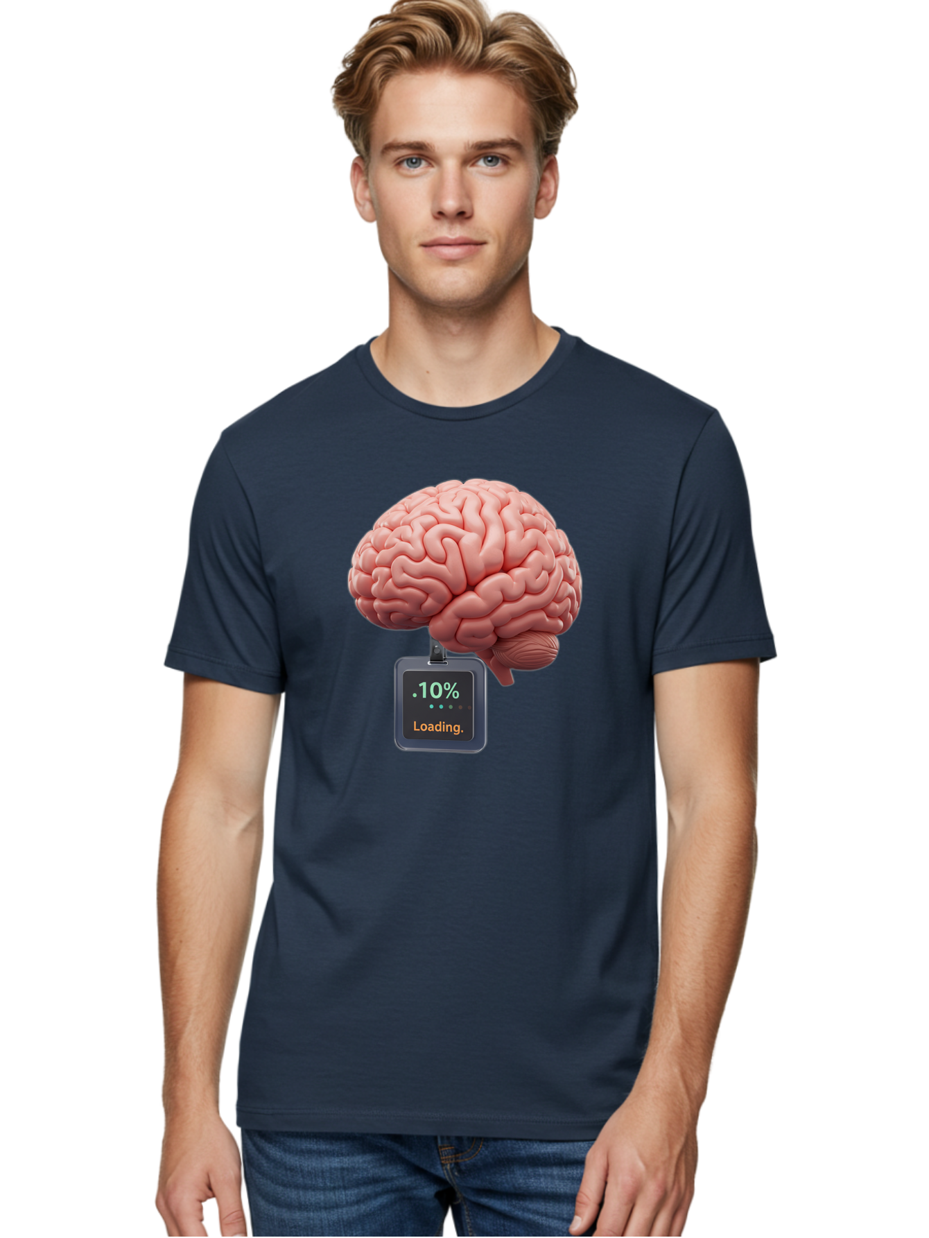 Brain-Charging Men'S Graphic Tee, 100% Cotton, Comfortable Casual Summer Wear, Machine Washable, Human Brain, Digital Loading, 10 Percent, Cognitive Function, Mental Processing, Progress Bar, Brain Power, Neural Activity Baa206