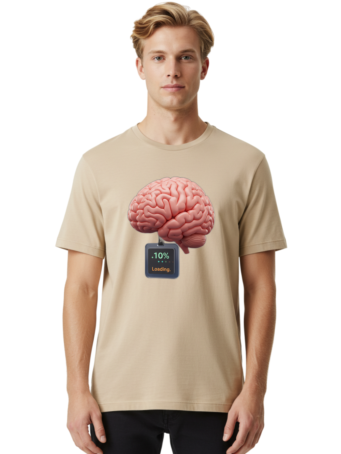 Brain-Charging Men'S Graphic Tee, 100% Cotton, Comfortable Casual Summer Wear, Machine Washable, Human Brain, Digital Loading, 10 Percent, Cognitive Function, Mental Processing, Progress Bar, Brain Power, Neural Activity Baa206