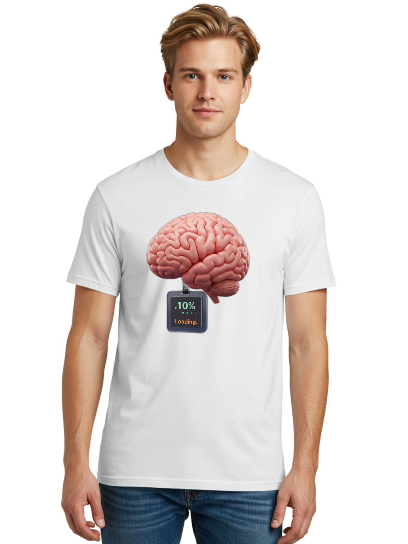 Brain-Charging Men'S Graphic Tee, 100% Cotton, Comfortable Casual Summer Wear, Machine Washable, Human Brain, Digital Loading, 10 Percent, Cognitive Function, Mental Processing, Progress Bar, Brain Power, Neural Activity Baa206