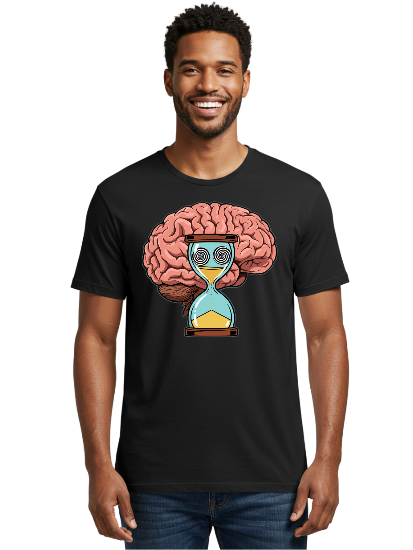 Brain-Hourglass Men'S Graphic Tee, 100% Cotton, Comfortable Casual Summer Wear, Machine Washable, Hourglass With Brain, Time Management, Productivity, Cognitive Function, Mental Clarity, Spiral Eyes, Sand Timer, Creative Thinking Baa208