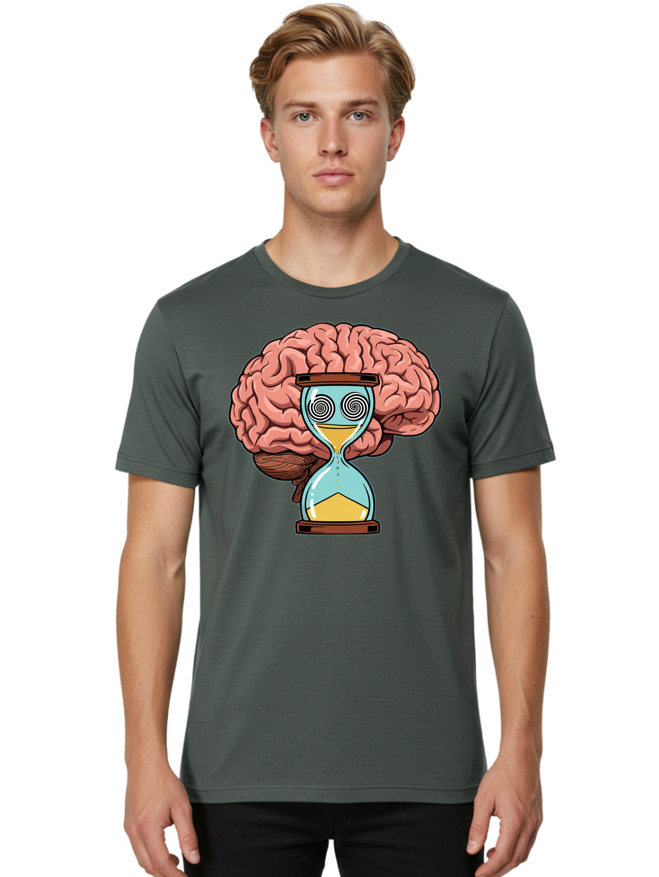 Brain-Hourglass Men'S Graphic Tee, 100% Cotton, Comfortable Casual Summer Wear, Machine Washable, Hourglass With Brain, Time Management, Productivity, Cognitive Function, Mental Clarity, Spiral Eyes, Sand Timer, Creative Thinking Baa208