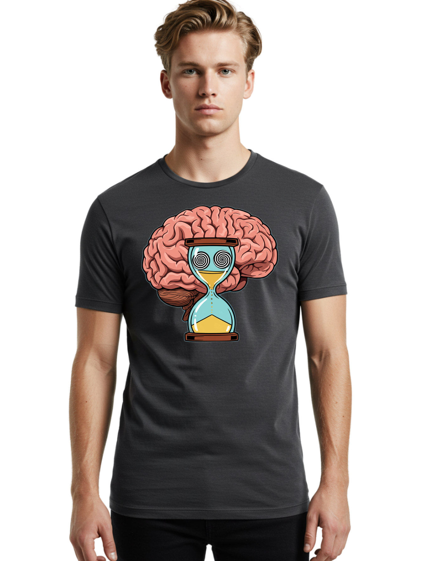 Brain-Hourglass Men'S Graphic Tee, 100% Cotton, Comfortable Casual Summer Wear, Machine Washable, Hourglass With Brain, Time Management, Productivity, Cognitive Function, Mental Clarity, Spiral Eyes, Sand Timer, Creative Thinking Baa208