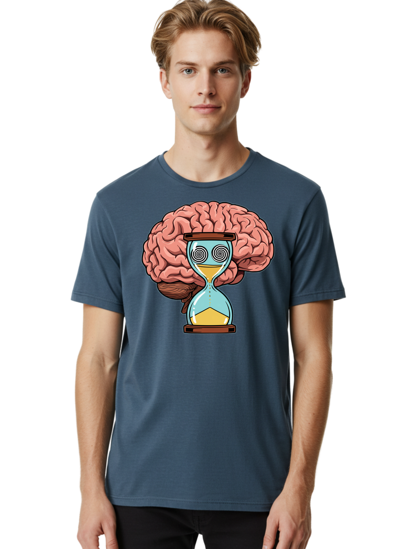 Brain-Hourglass Men'S Graphic Tee, 100% Cotton, Comfortable Casual Summer Wear, Machine Washable, Hourglass With Brain, Time Management, Productivity, Cognitive Function, Mental Clarity, Spiral Eyes, Sand Timer, Creative Thinking Baa208