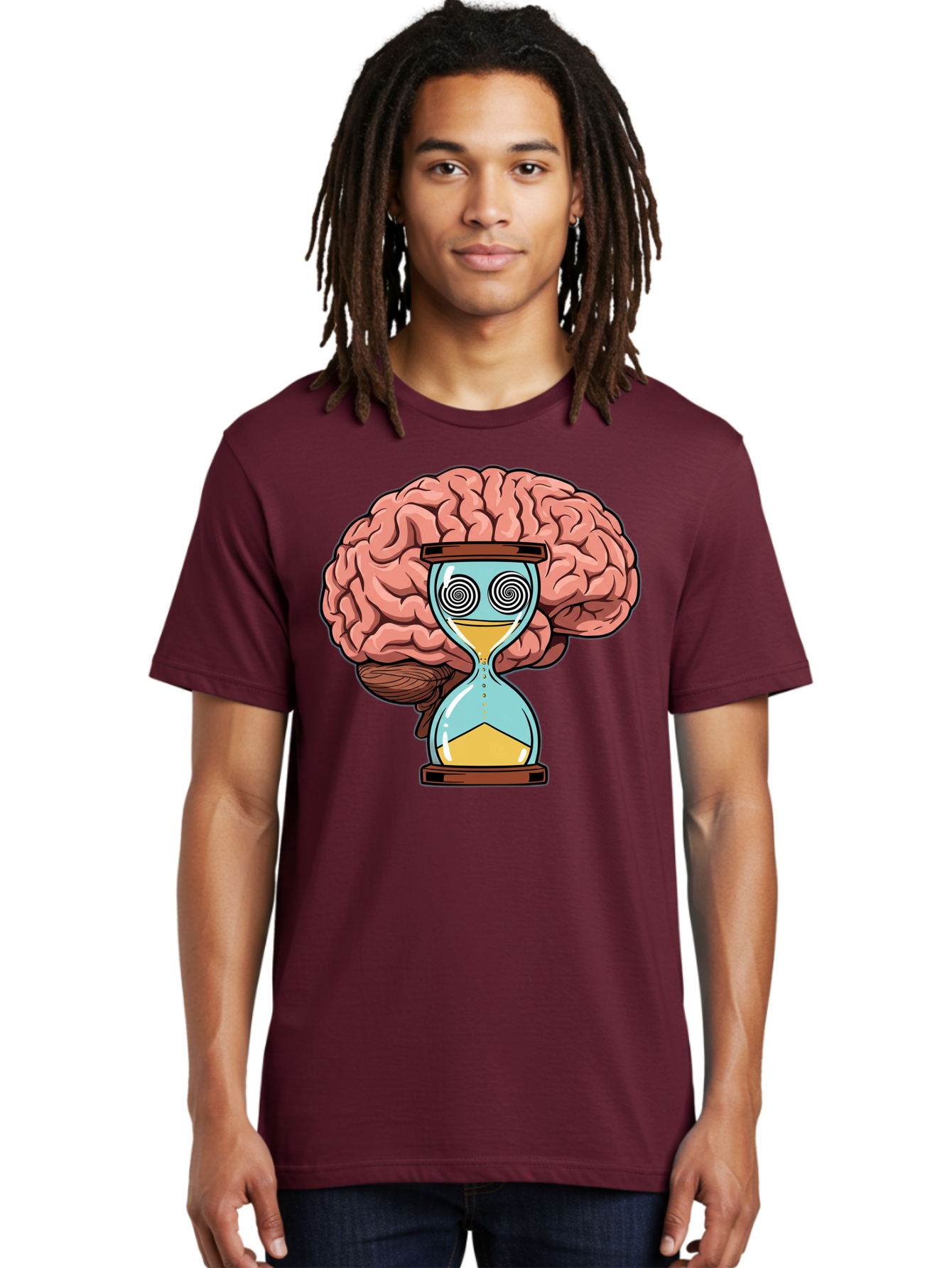 Brain-Hourglass Men'S Graphic Tee, 100% Cotton, Comfortable Casual Summer Wear, Machine Washable, Hourglass With Brain, Time Management, Productivity, Cognitive Function, Mental Clarity, Spiral Eyes, Sand Timer, Creative Thinking Baa208