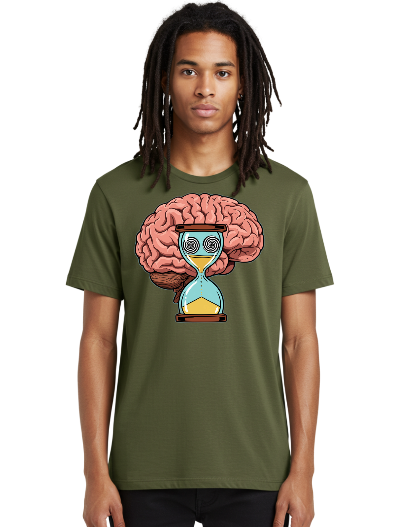 Brain-Hourglass Men'S Graphic Tee, 100% Cotton, Comfortable Casual Summer Wear, Machine Washable, Hourglass With Brain, Time Management, Productivity, Cognitive Function, Mental Clarity, Spiral Eyes, Sand Timer, Creative Thinking Baa208
