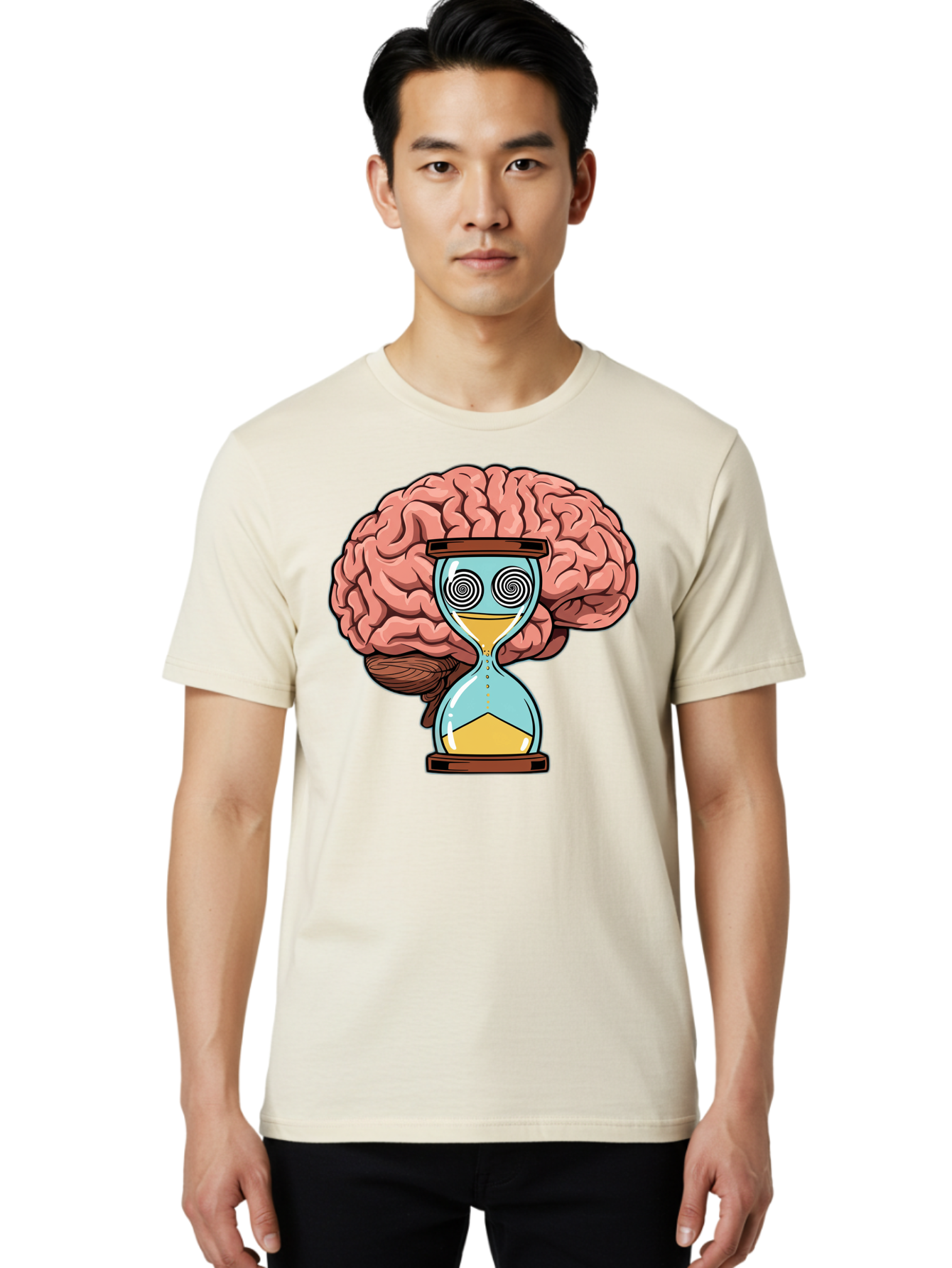 Brain-Hourglass Men'S Graphic Tee, 100% Cotton, Comfortable Casual Summer Wear, Machine Washable, Hourglass With Brain, Time Management, Productivity, Cognitive Function, Mental Clarity, Spiral Eyes, Sand Timer, Creative Thinking Baa208