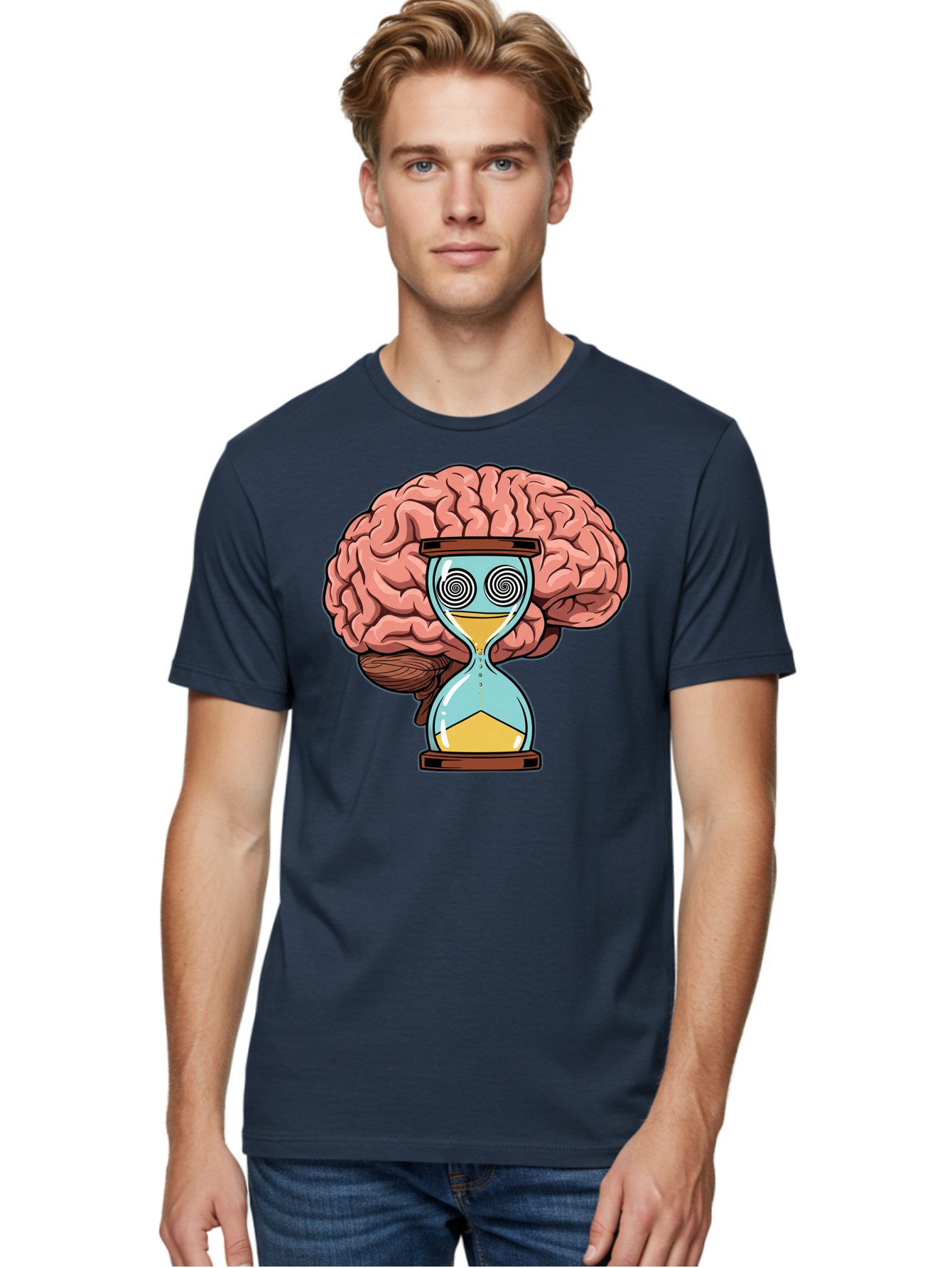 Brain-Hourglass Men'S Graphic Tee, 100% Cotton, Comfortable Casual Summer Wear, Machine Washable, Hourglass With Brain, Time Management, Productivity, Cognitive Function, Mental Clarity, Spiral Eyes, Sand Timer, Creative Thinking Baa208