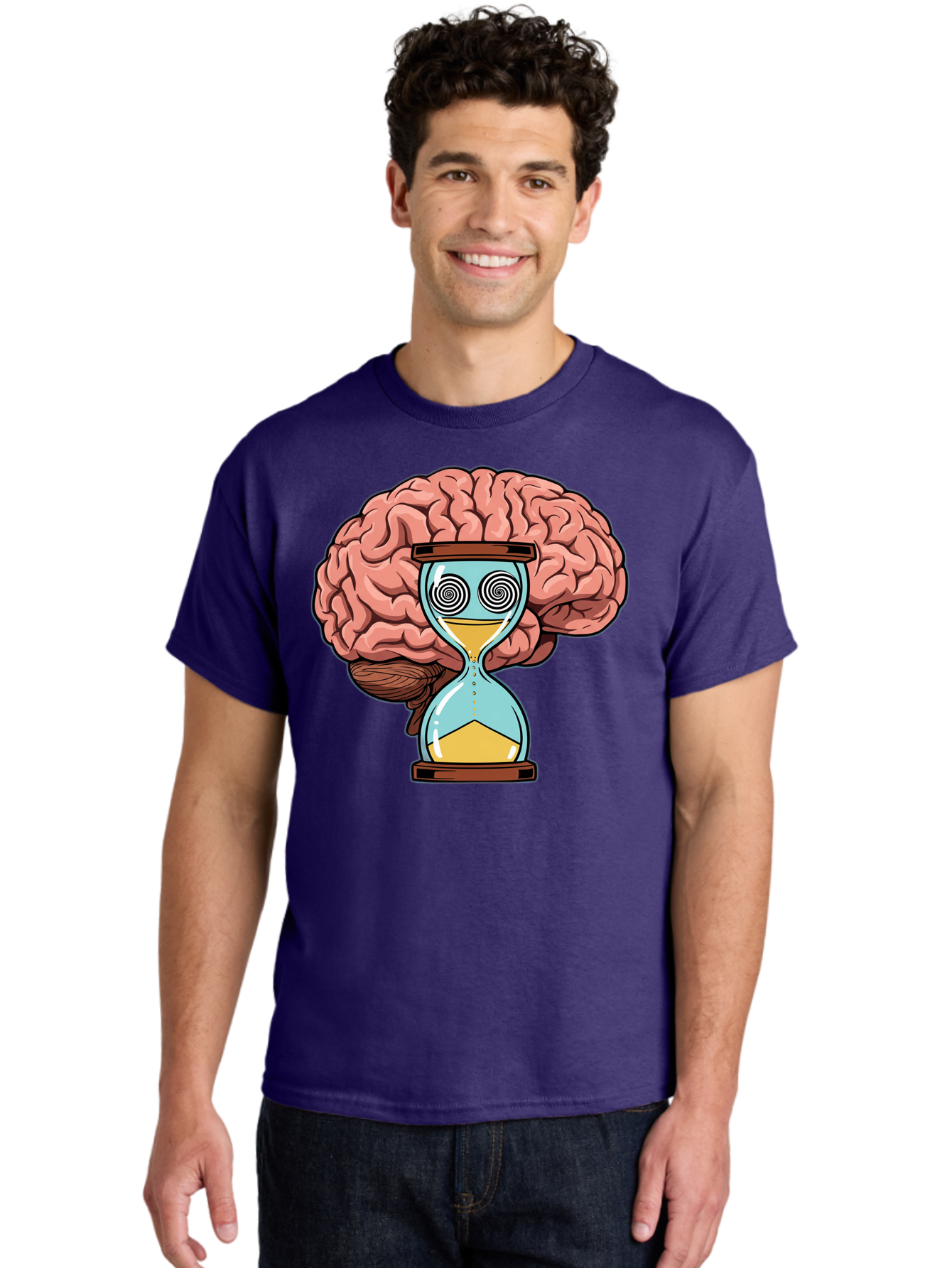 Brain-Hourglass Men'S Graphic Tee, 100% Cotton, Comfortable Casual Summer Wear, Machine Washable, Hourglass With Brain, Time Management, Productivity, Cognitive Function, Mental Clarity, Spiral Eyes, Sand Timer, Creative Thinking Baa208