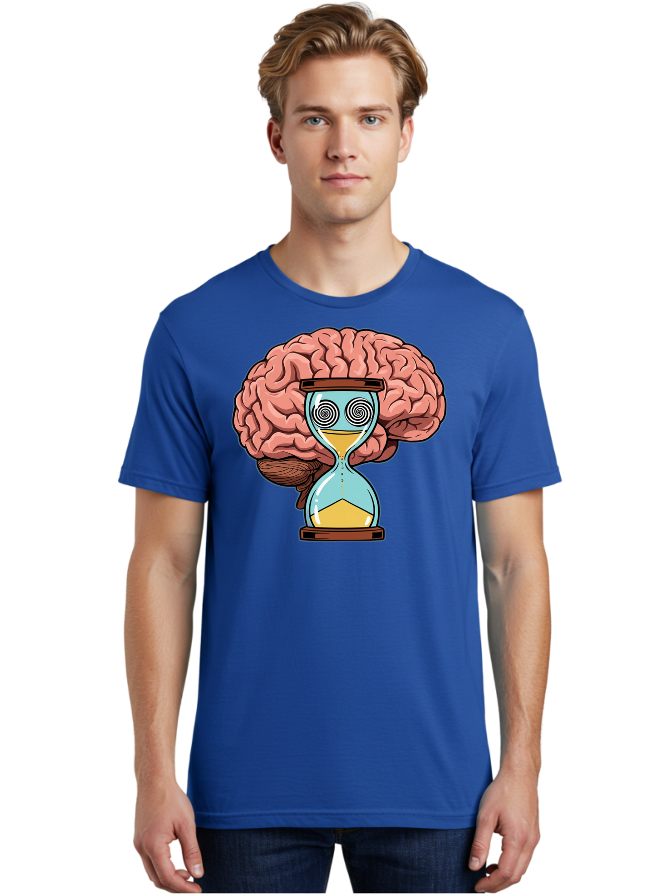 Brain-Hourglass Men'S Graphic Tee, 100% Cotton, Comfortable Casual Summer Wear, Machine Washable, Hourglass With Brain, Time Management, Productivity, Cognitive Function, Mental Clarity, Spiral Eyes, Sand Timer, Creative Thinking Baa208